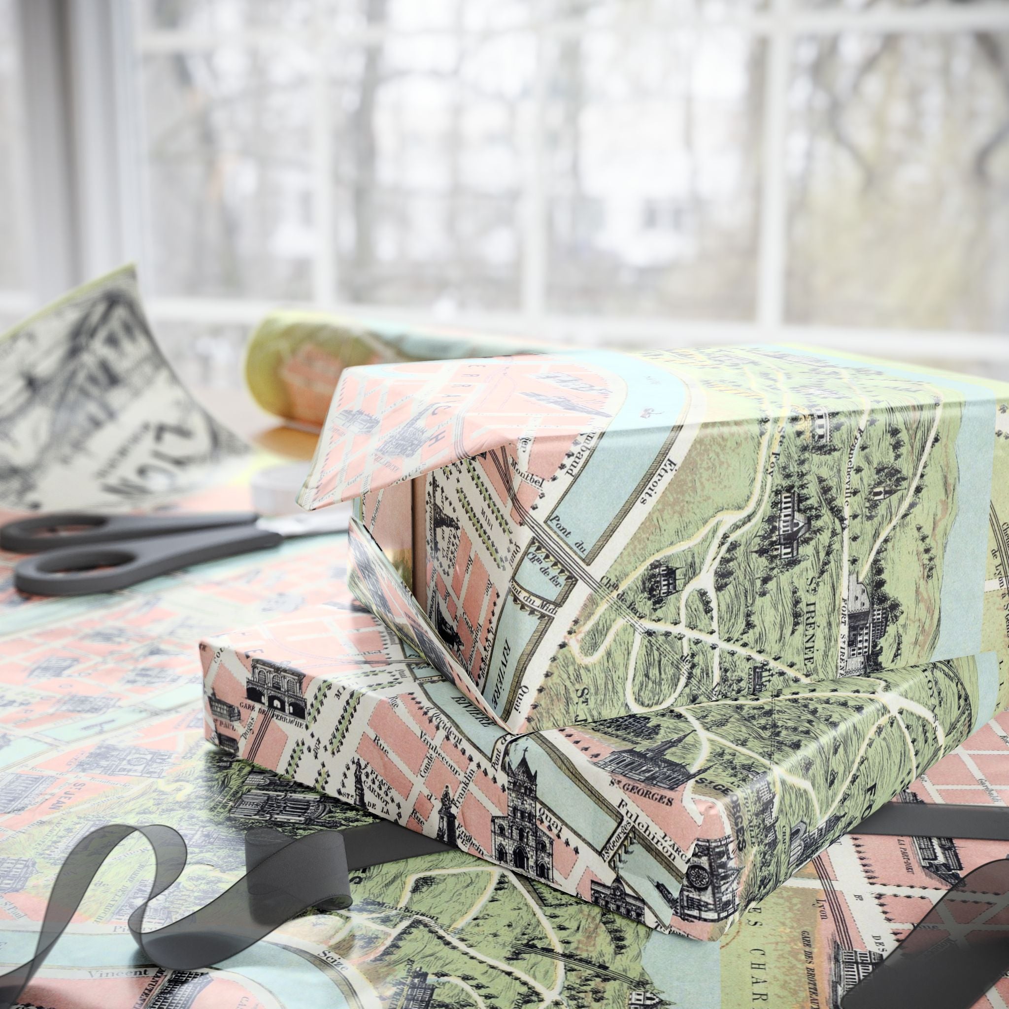 Wrapping Paper, Lyon City Map Gift Wrap, Vintage French Cartography Design