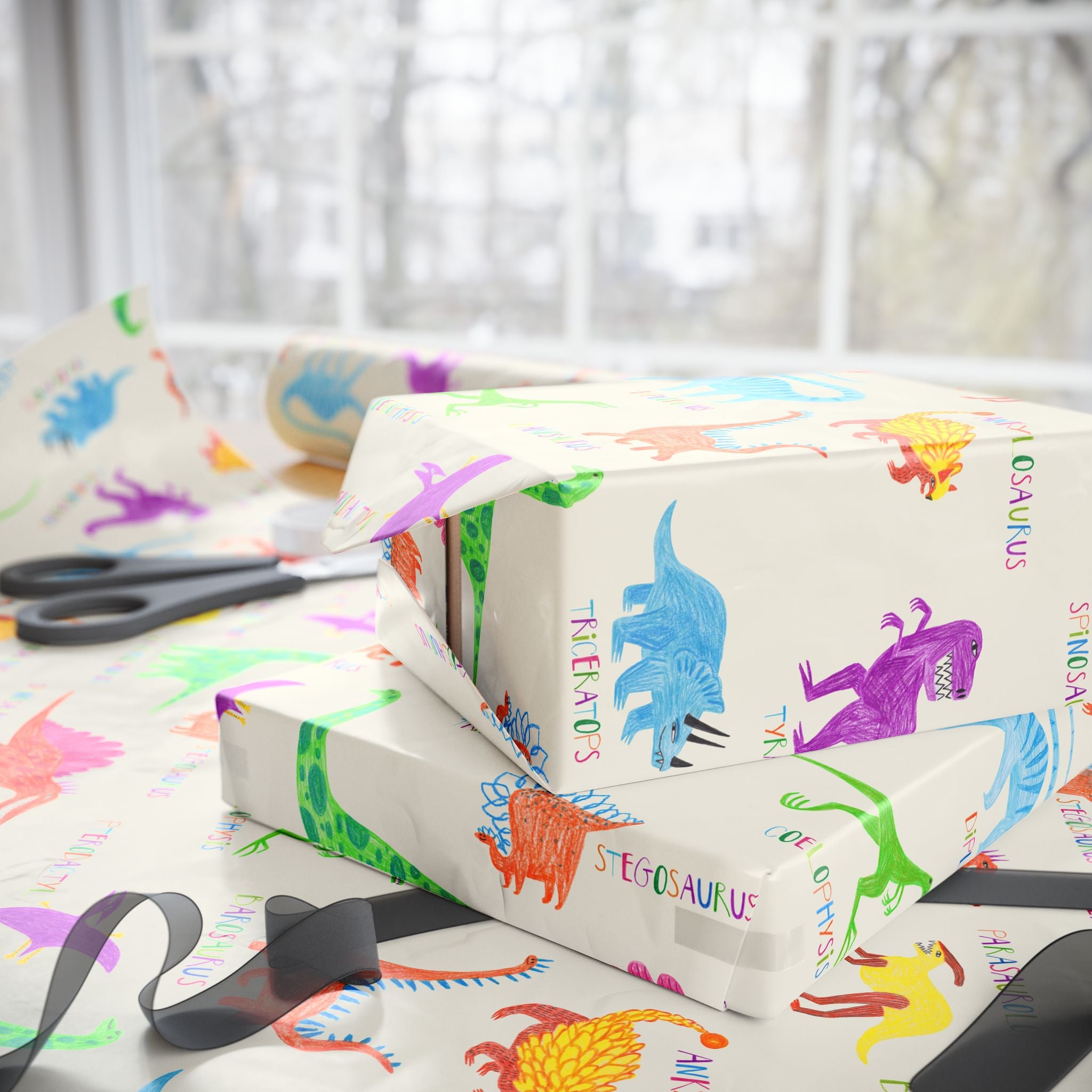 Dinosaur Kids Wrapping Paper — Colorful Rainbow Dino Gift Wrap