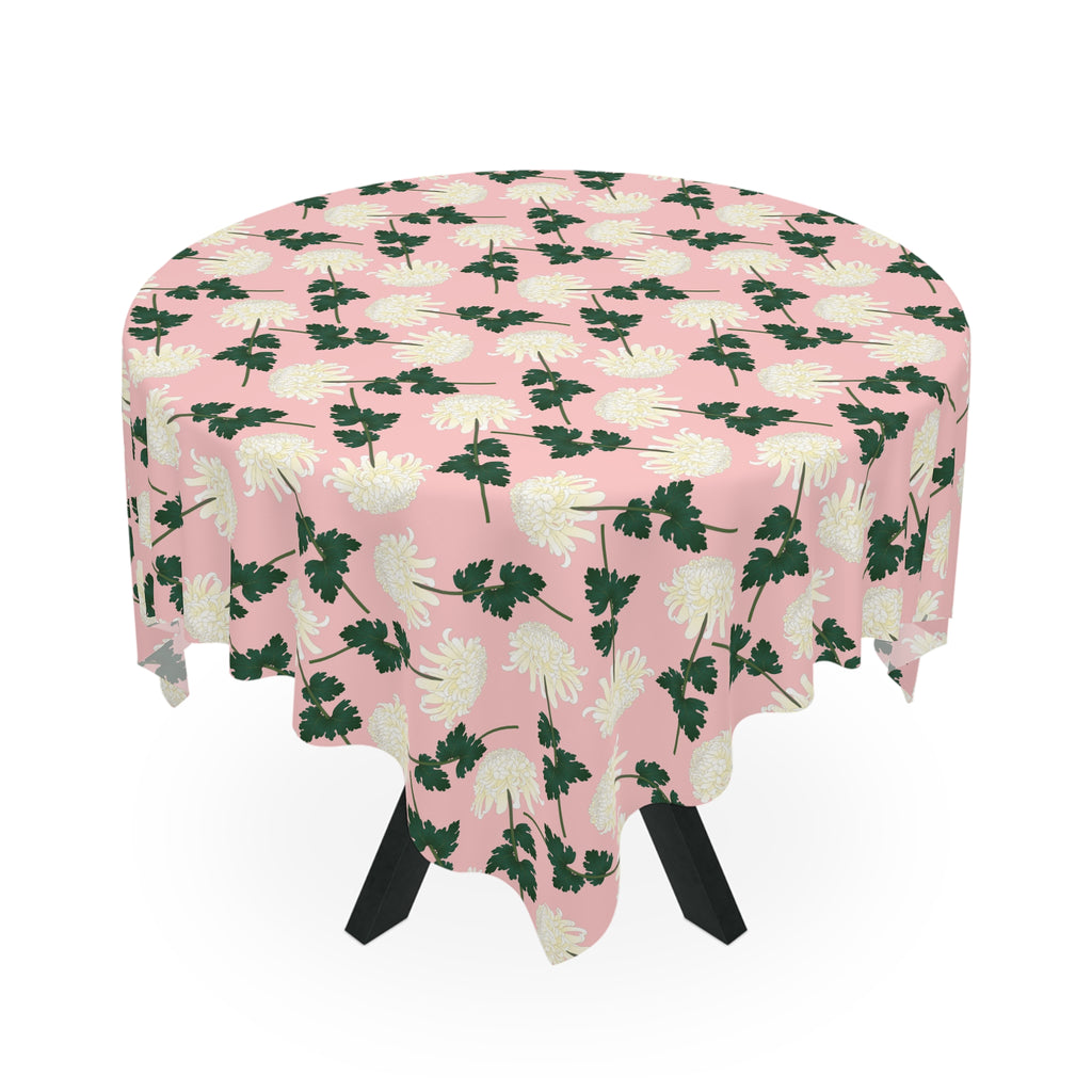 Pink Floral Tablecloth — Vintage White Chrysanthemum Pattern for Spring & Mother's Day