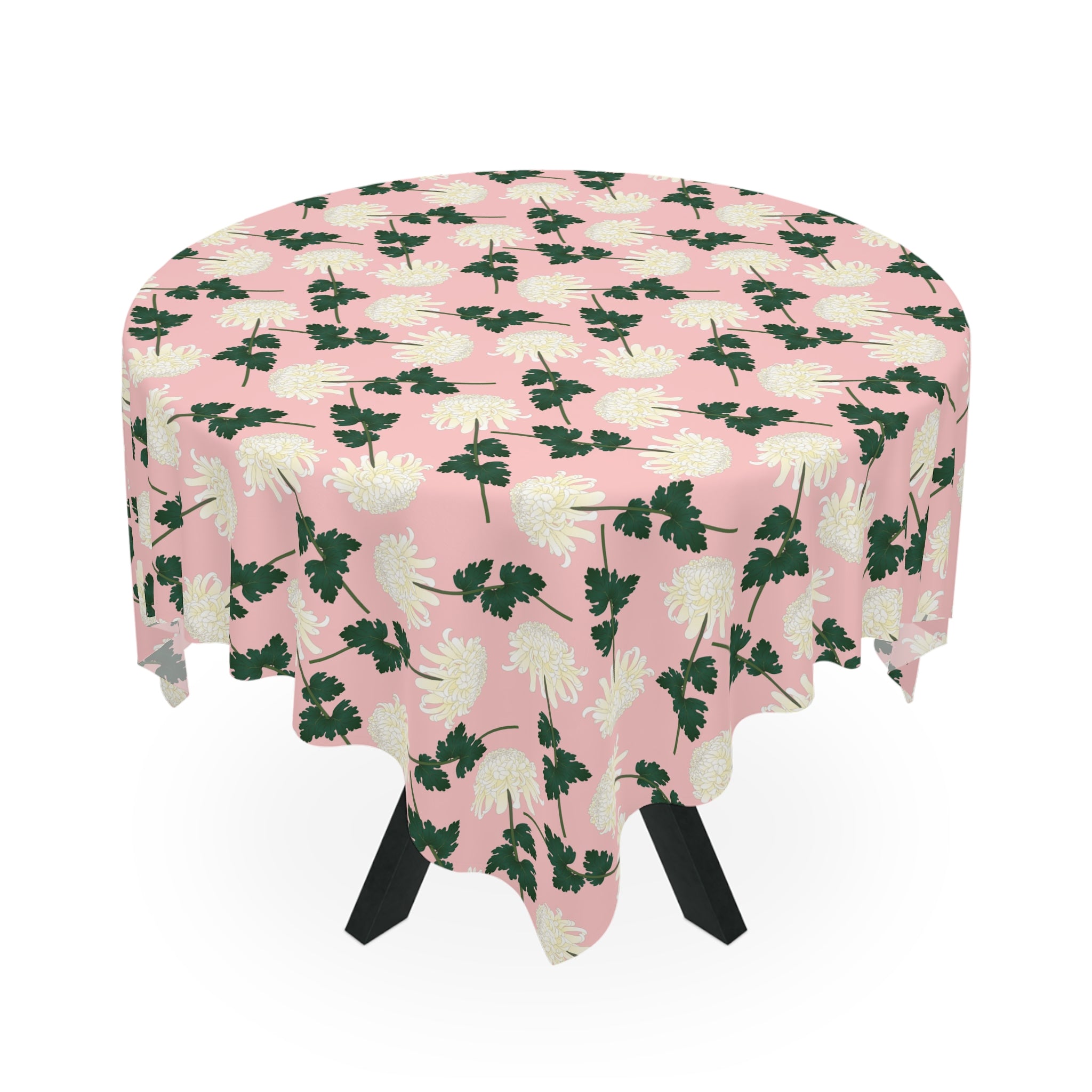 Pink Floral Tablecloth — Vintage White Chrysanthemum Pattern for Spring & Mother's Day