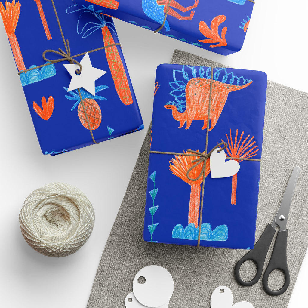 Dino Jungle Wrapping Paper — Blue & Orange Dinosaur Gift Wrap