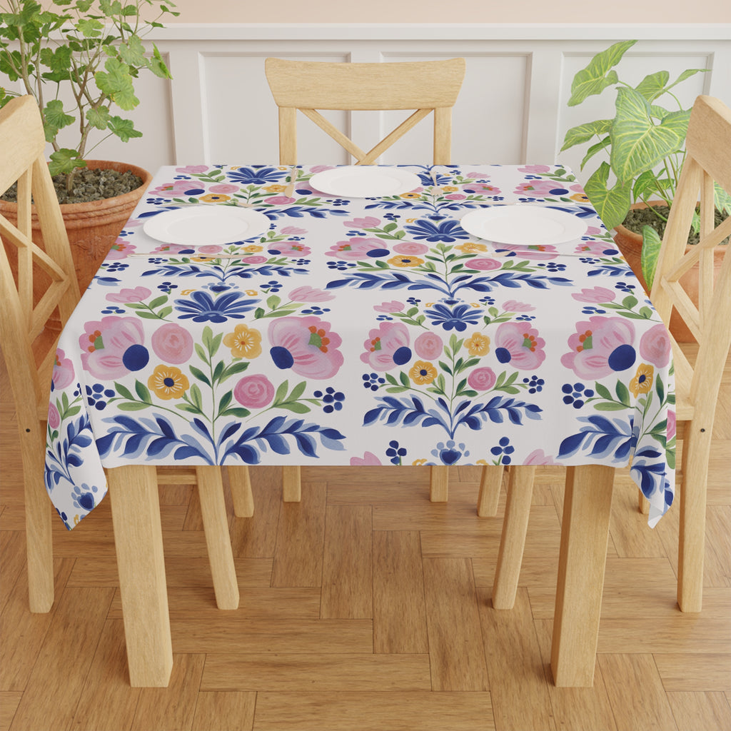 Floral Folk Art Tablecloth — Pink & Blue Garden Pattern