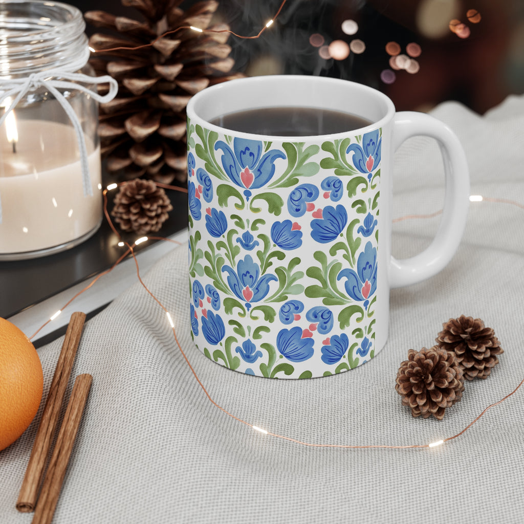 Blue Floral Mug | Blue Ceramic Coffee Cup 11oz 15oz