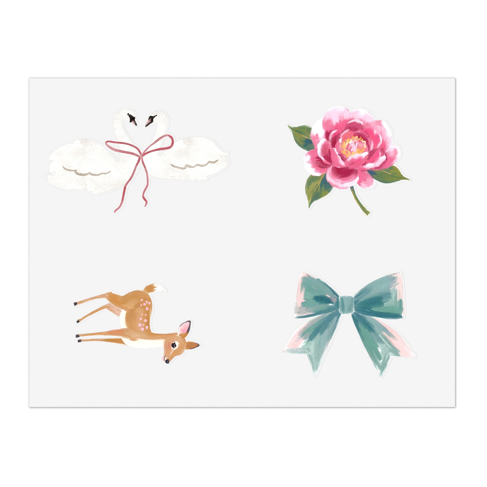 Sticker Sheets — Watercolor Deer, Peony, Swan Hearts & Pastel Bow Set