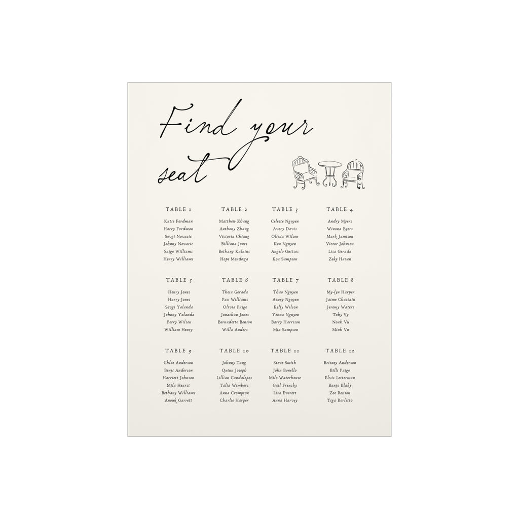 Seating Chart Foam Board — "Find Your Seat" Elegant Wedding Reception Sign