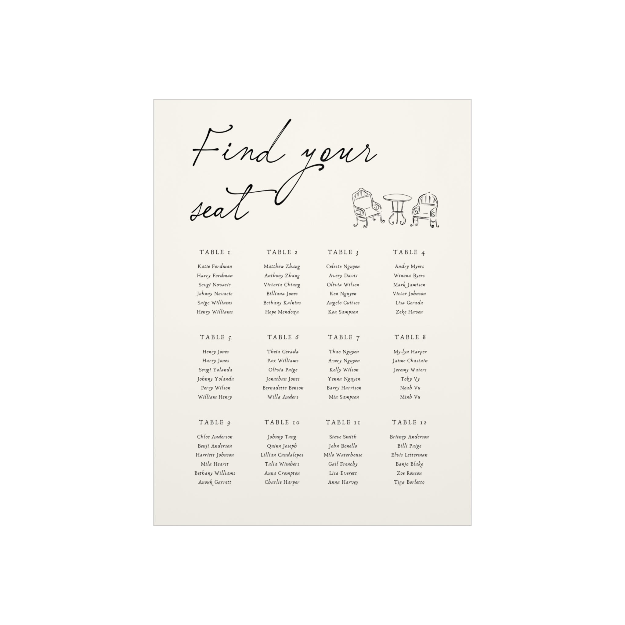 Seating Chart Foam Board — "Find Your Seat" Elegant Wedding Reception Sign