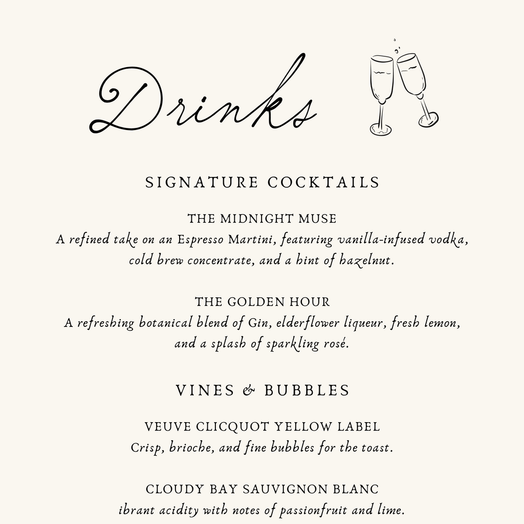Drinks menu with signature cocktails and wine options on a white background