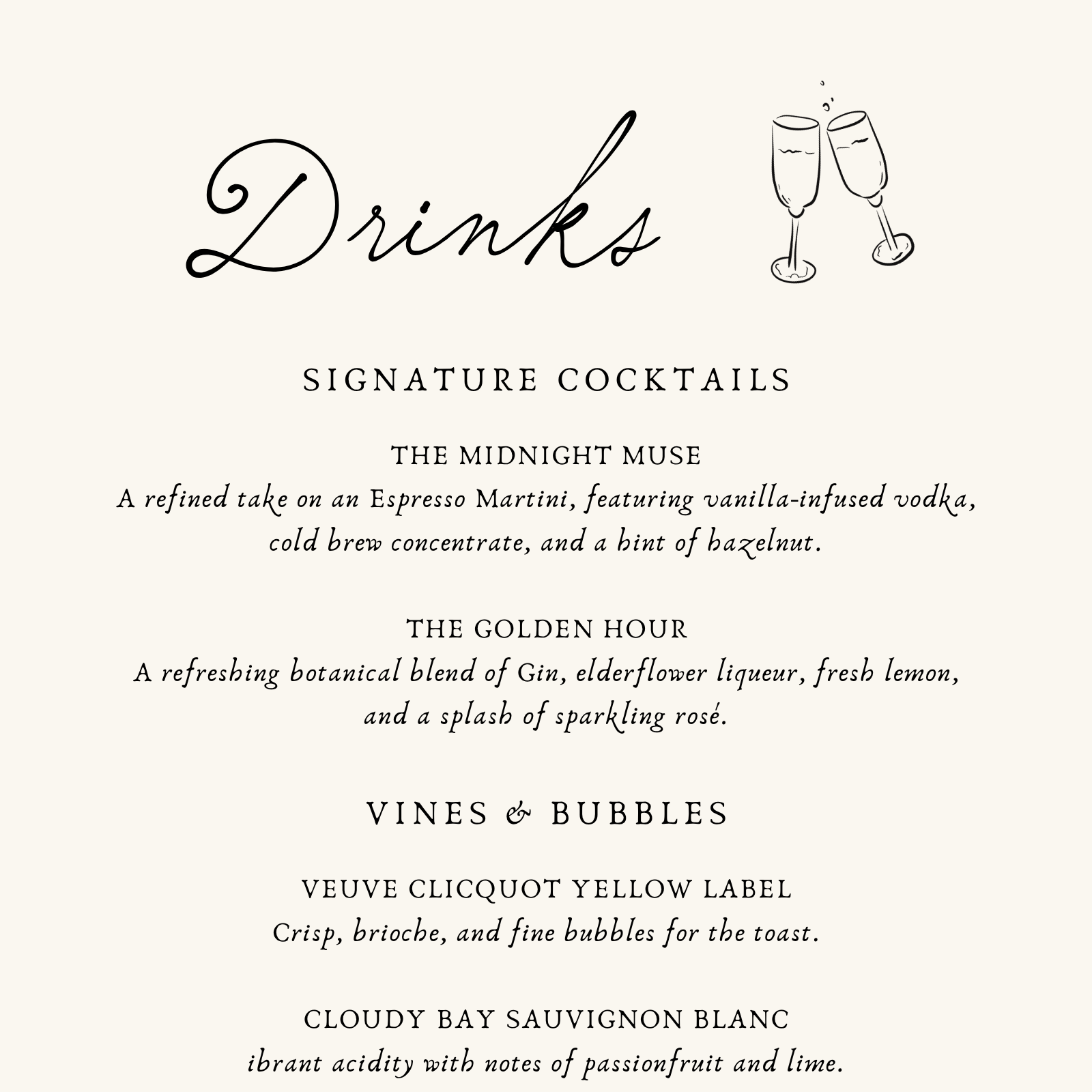 Drinks menu with signature cocktails and wine options on a white background