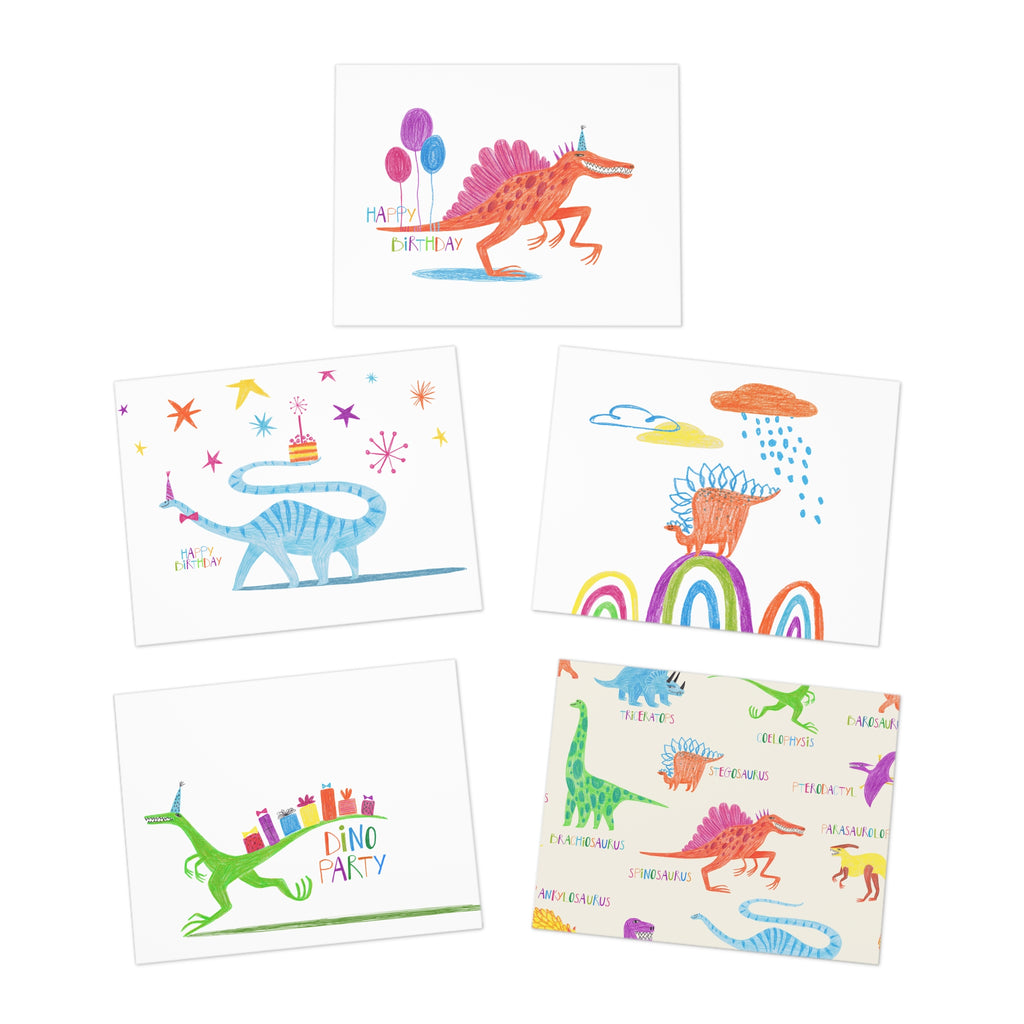 Dinosaur Birthday Greeting Cards Set — 5-Pack Colorful Dino Party Cards
