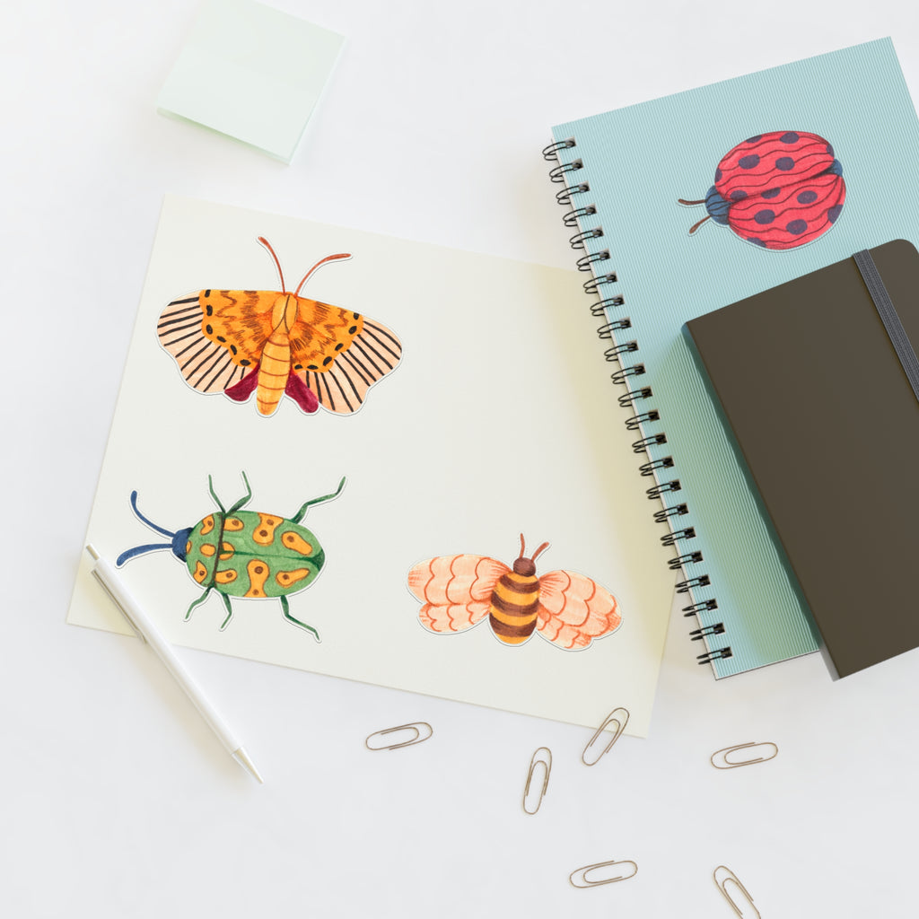 Whimsical Insect Sticker Sheet — Colorful Beetle, Ladybug, Moth & Bee Decals