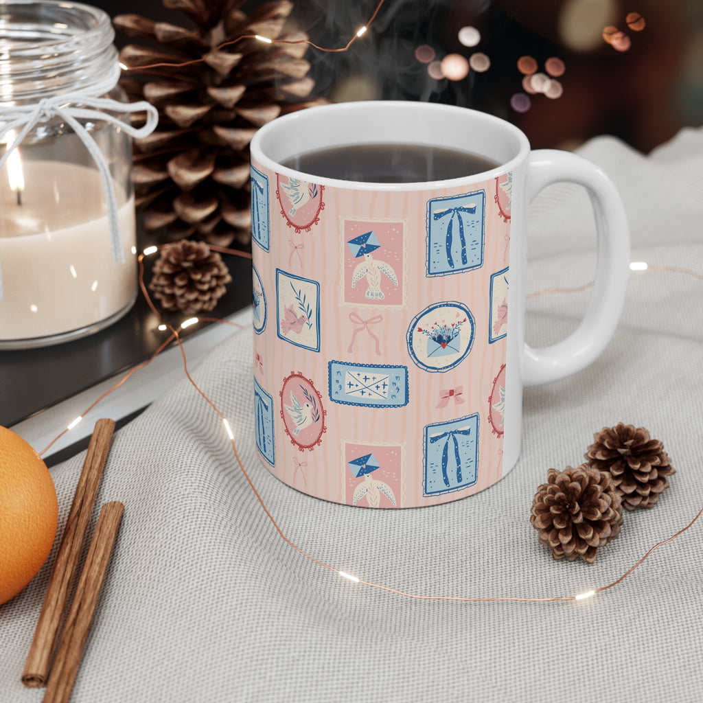 Vintage Cameo Pattern Coffee Mug — Pink & Blue 11oz/15oz Ceramic