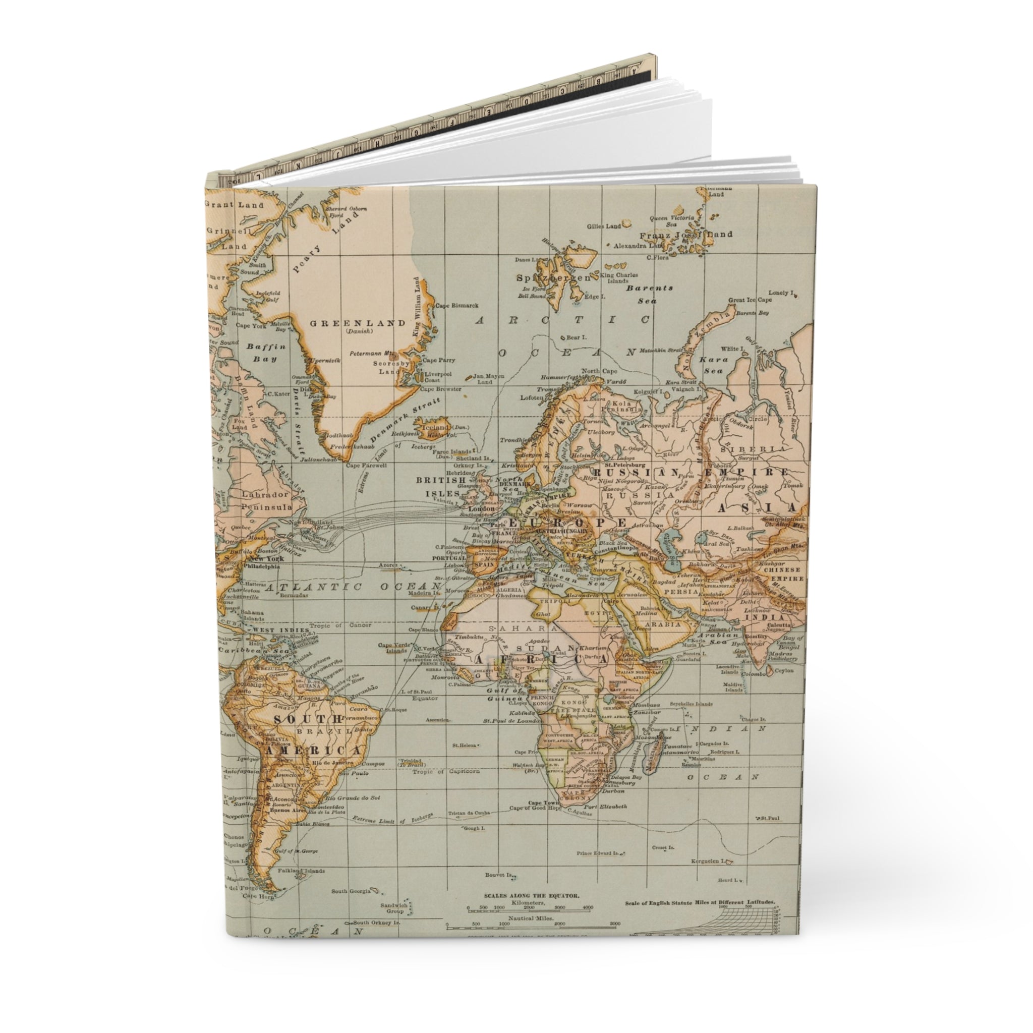 Vintage World Map Hardcover Journal — Travel Notebook, Retro Globe Gift