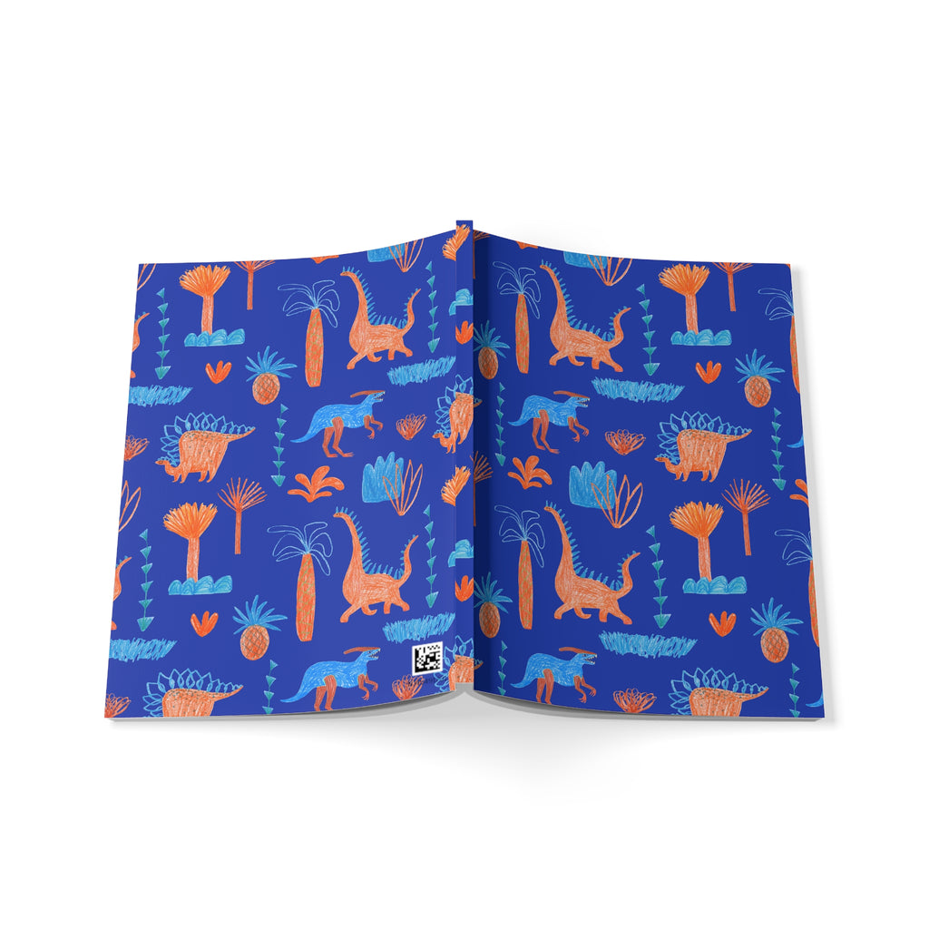 Dino Doodle A5 Notebook — Blue & Orange Dinosaur Softcover Journal