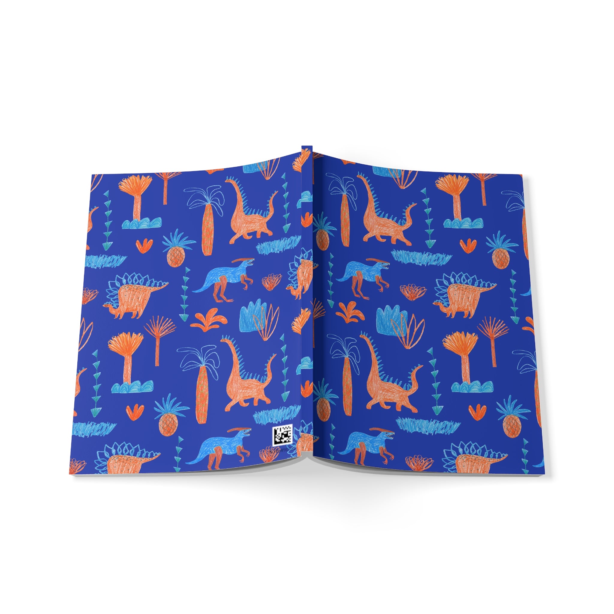Dino Doodle A5 Notebook — Blue & Orange Dinosaur Softcover Journal