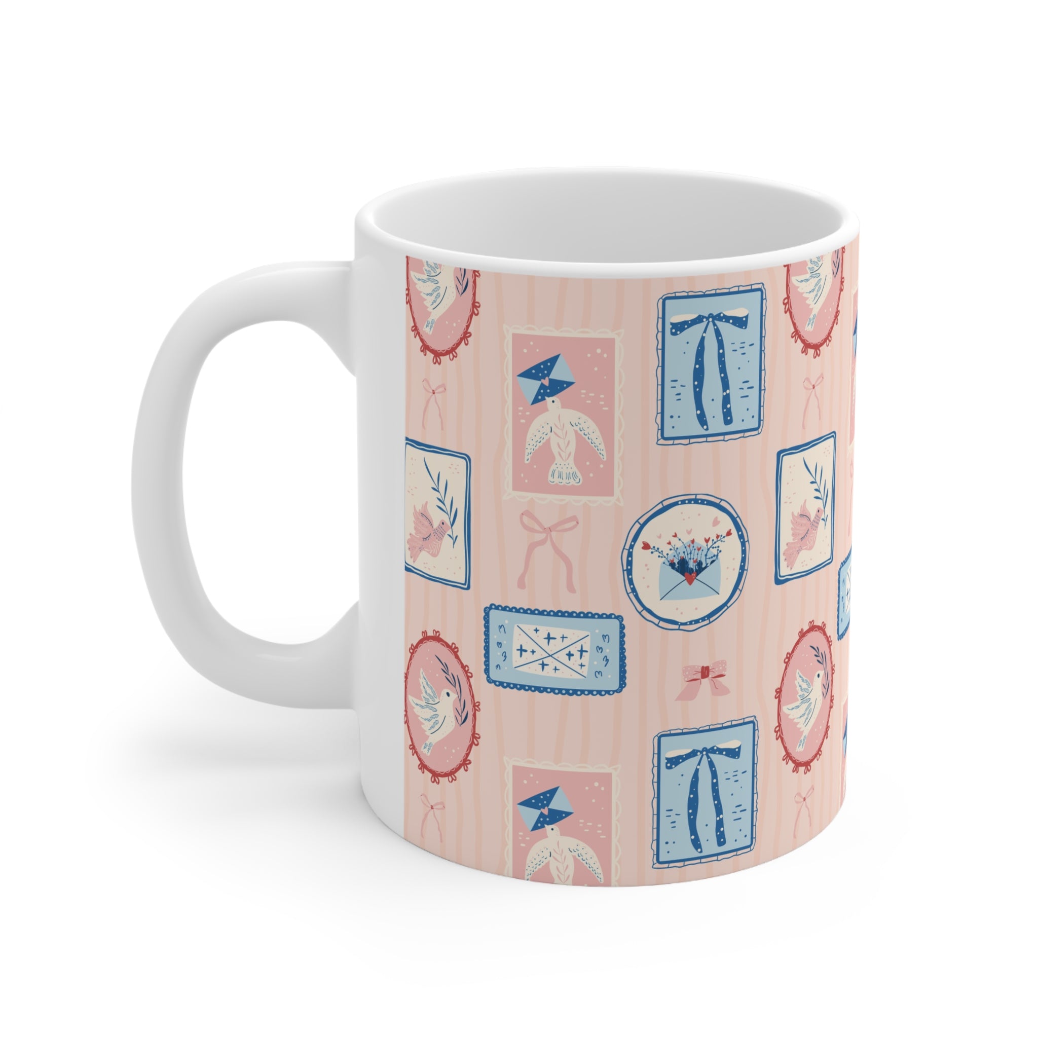 Vintage Cameo Pattern Coffee Mug — Pink & Blue 11oz/15oz Ceramic