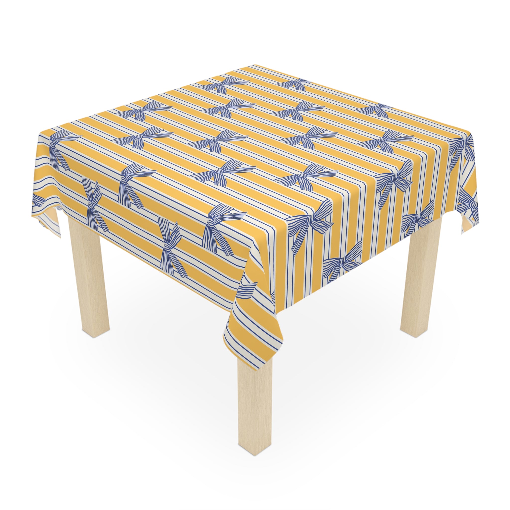 Striped Yellow Tablecloth with Blue Bow Pattern