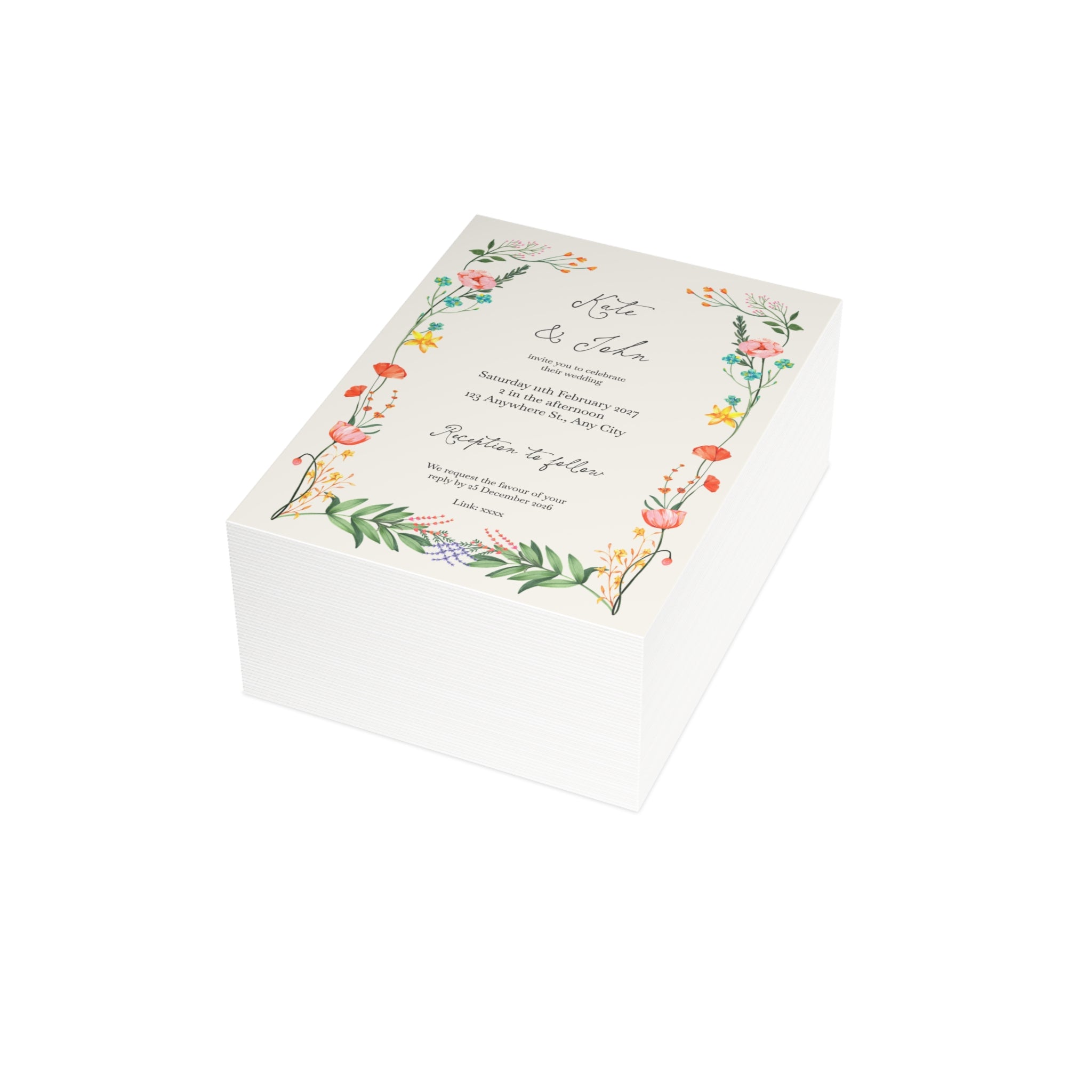 Colorful Botanical Wedding Invitation | Customizable Flat Card Pack (10, 30, 50 Count)