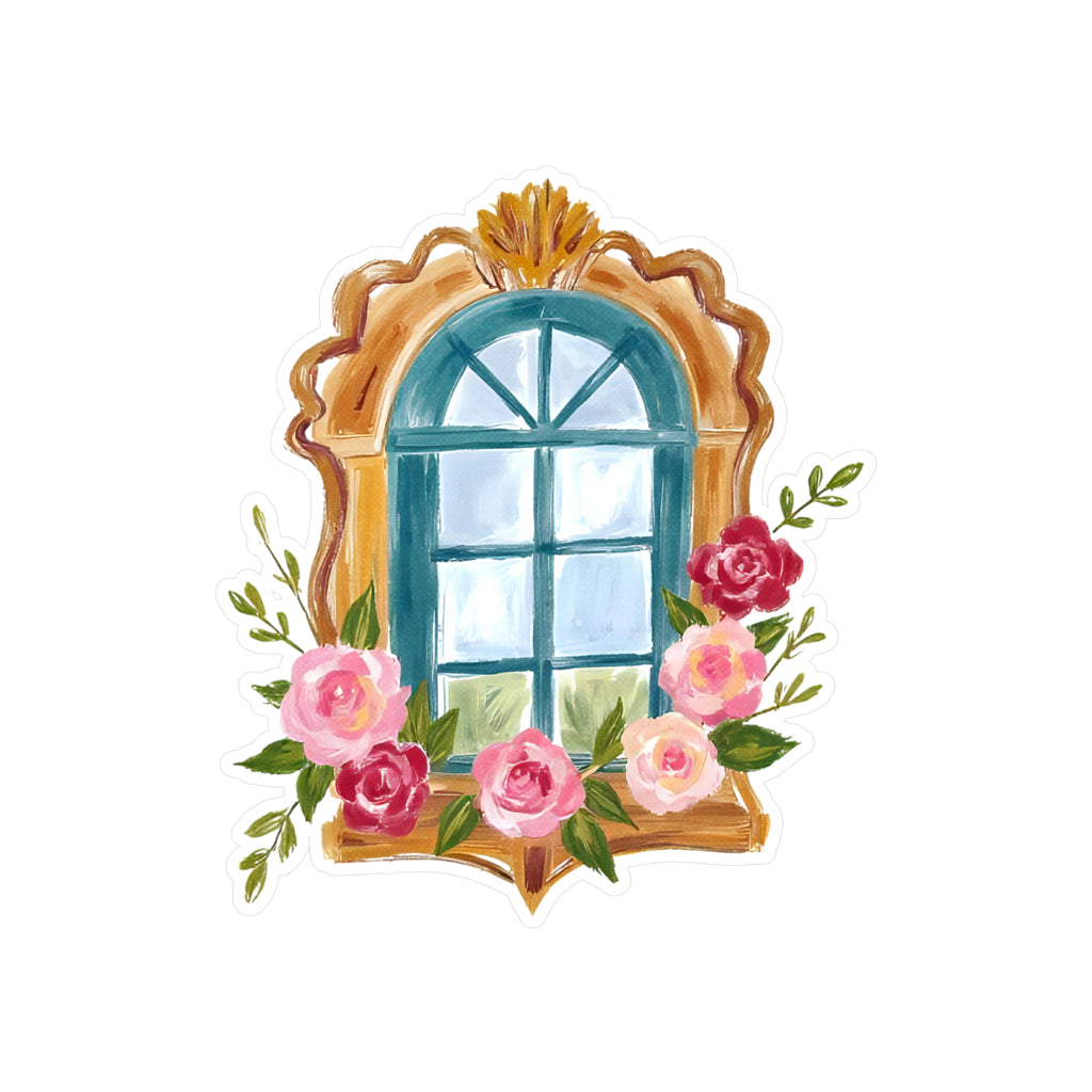 Floral Vintage Window Kiss-Cut Vinyl Decal – Antique Frame with Roses Sticker