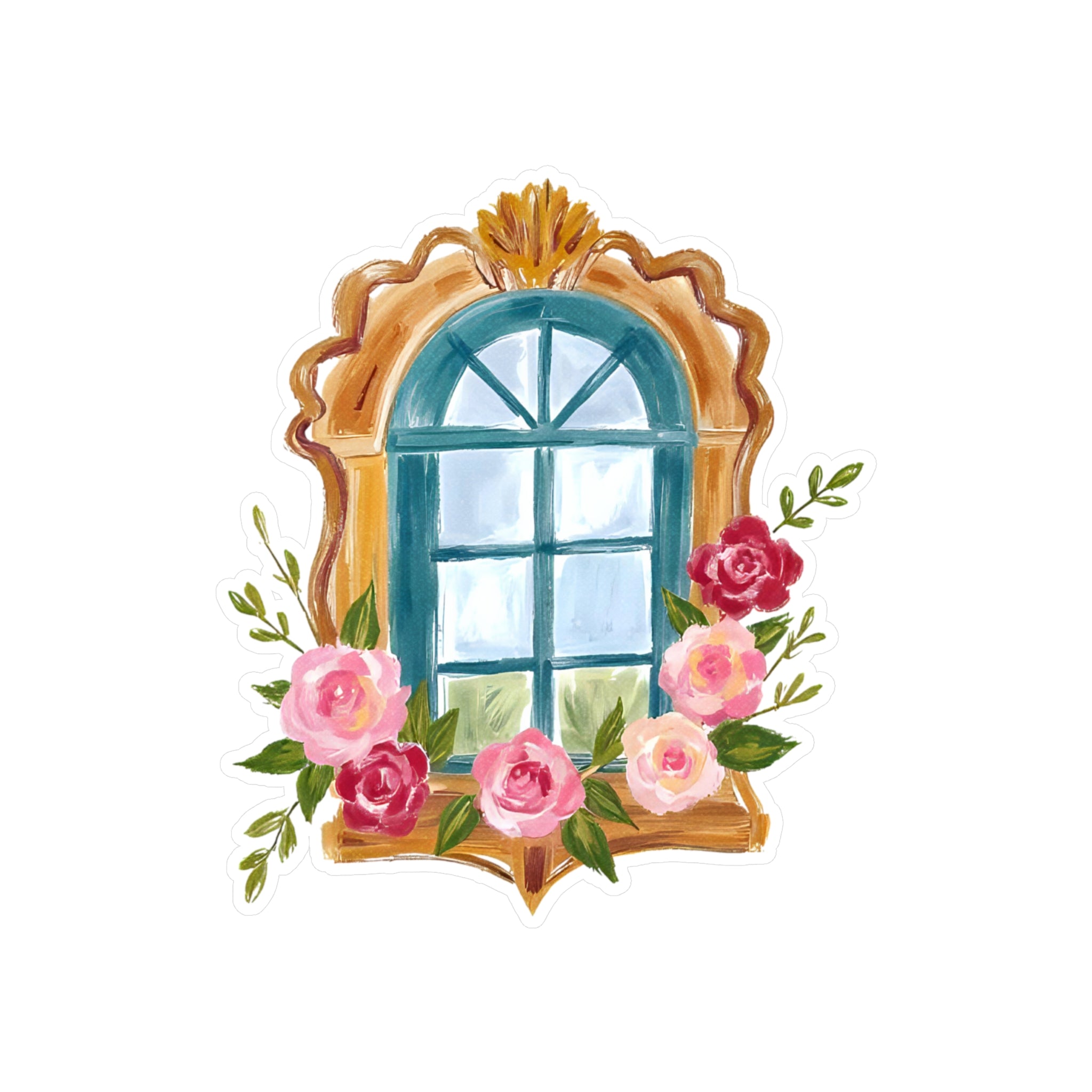 Floral Vintage Window Kiss-Cut Vinyl Decal – Antique Frame with Roses Sticker