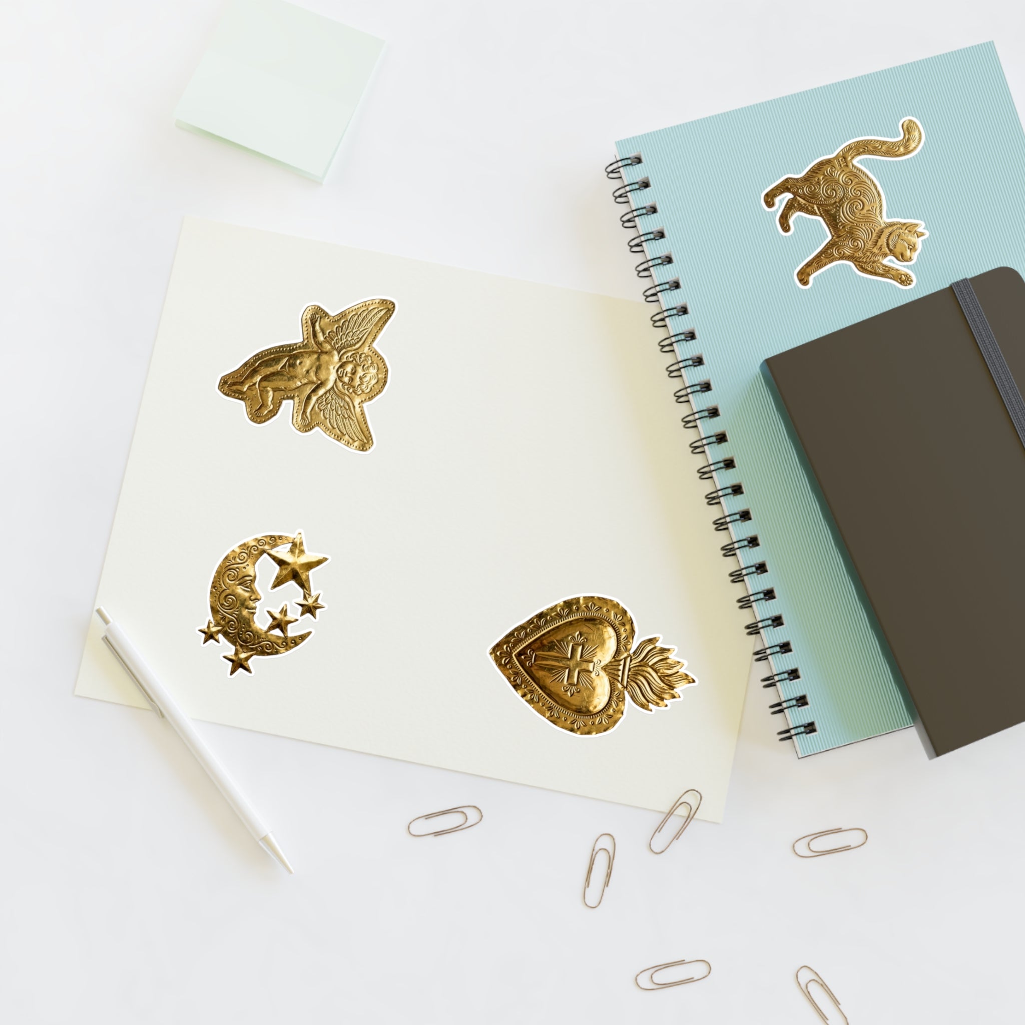 Gold Embossed Symbol Sticker Sheet — Moon, Heart, Angel & Cat Decorative Stickers