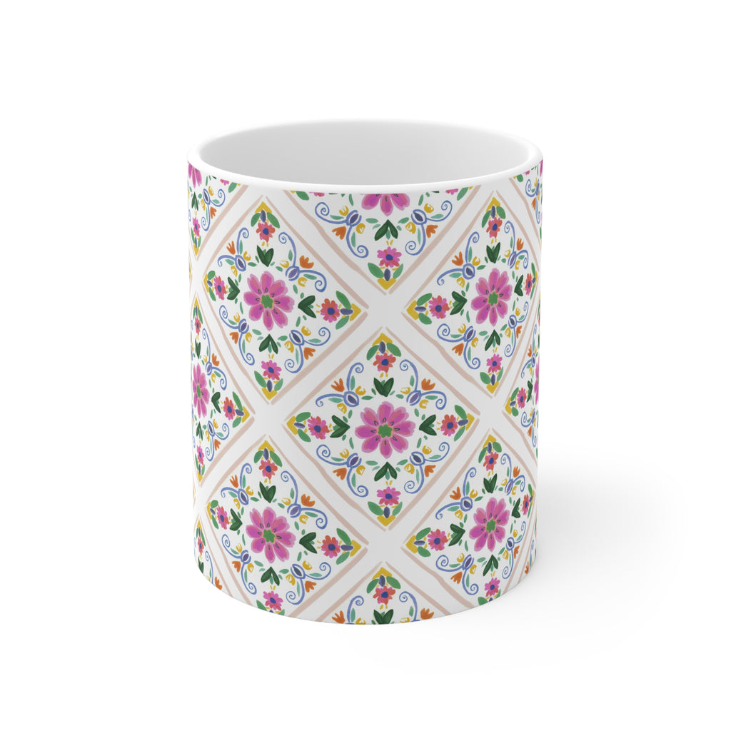 Floral Tile Pattern Mug — Ceramic Coffee Cup (11oz & 15oz)