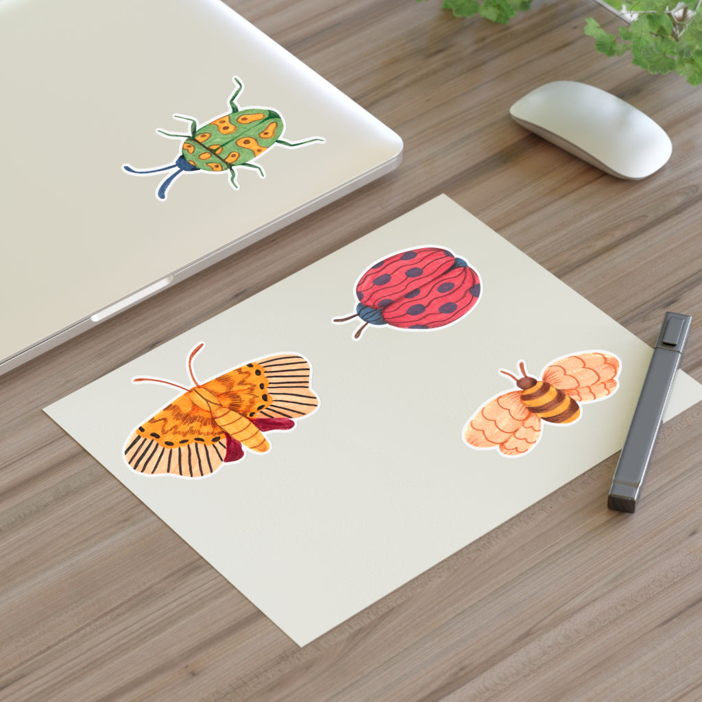 Whimsical Insect Sticker Sheet — Colorful Beetle, Ladybug, Moth & Bee Decals