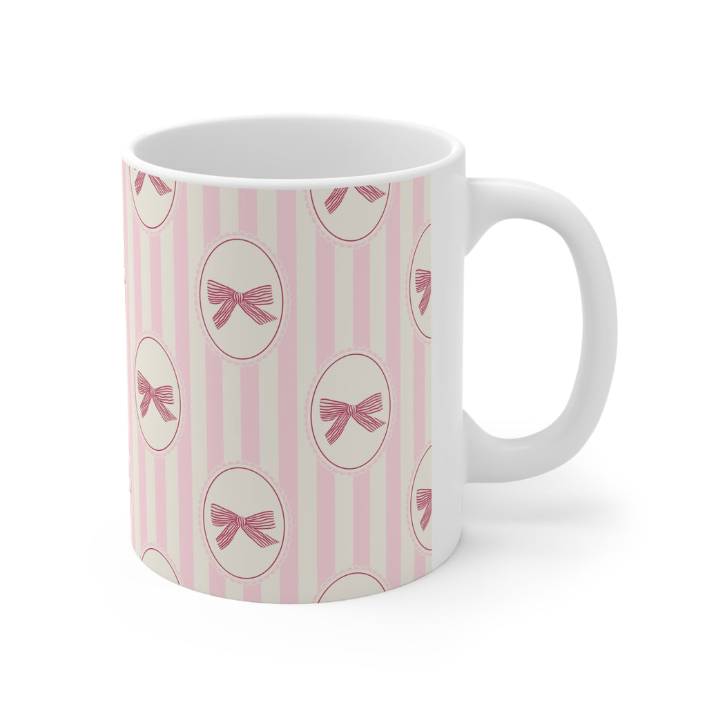 Pink Bow Pattern Mug — Cute Vintage Striped Ceramic Coffee Cup (11oz & 15oz)