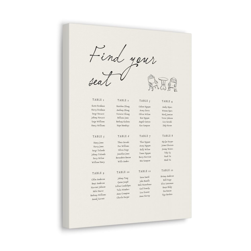 Personalized Wedding Seating Chart Canvas | Custom Guest Table Plan | Framed New Zealand Pine | Elegant Minimalist Reception Decor