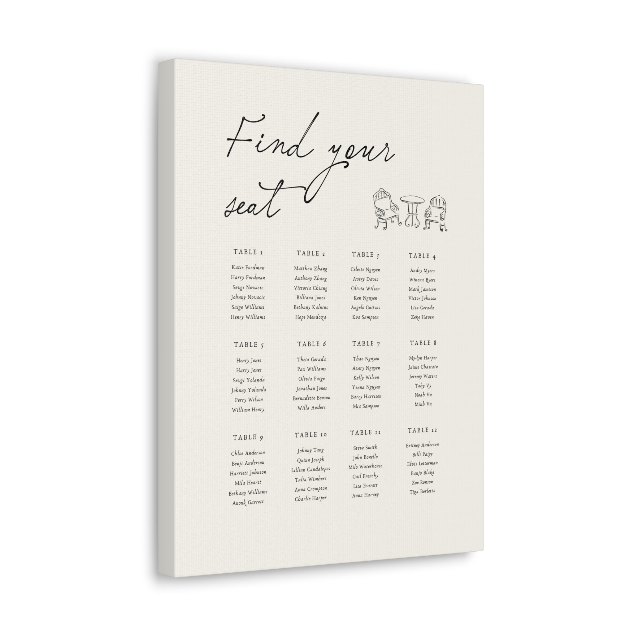 Personalized Wedding Seating Chart Canvas | Custom Guest Table Plan | Framed New Zealand Pine | Elegant Minimalist Reception Decor