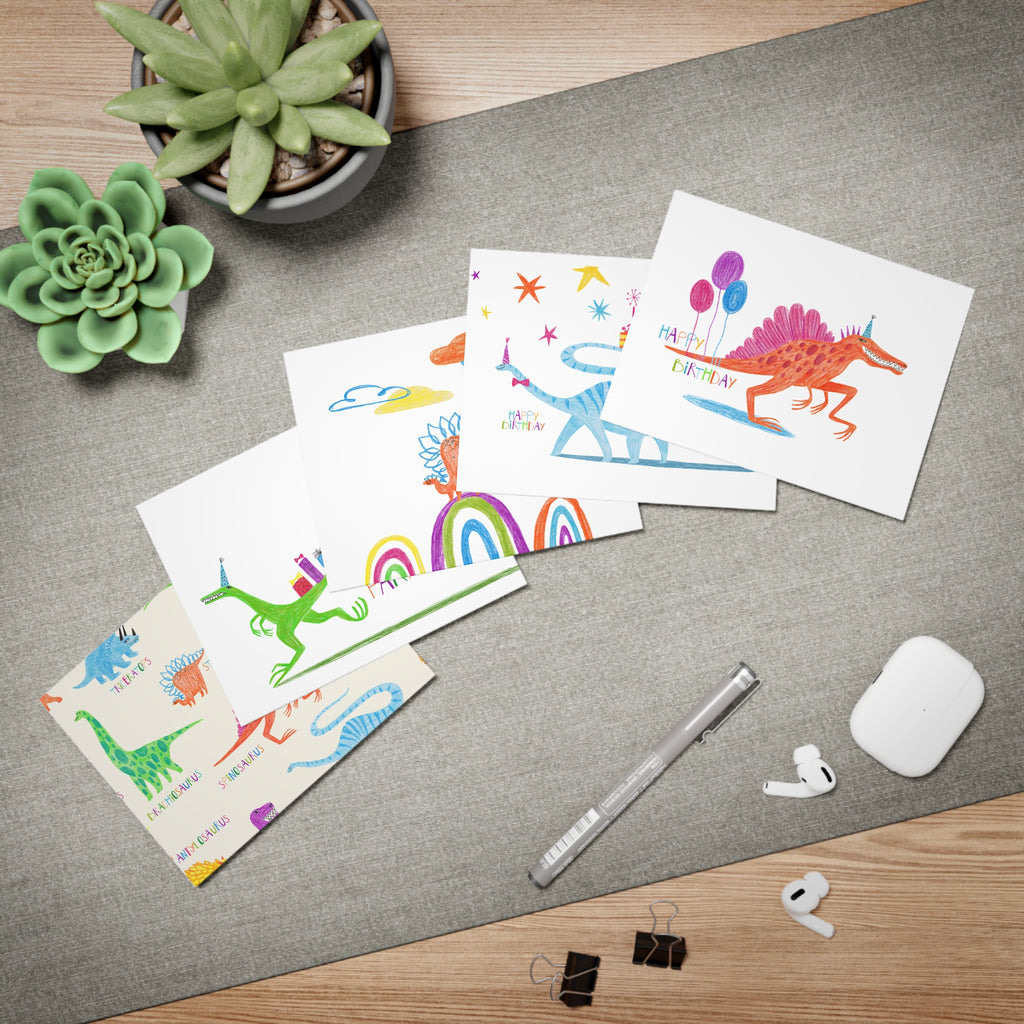 Dinosaur Birthday Greeting Cards Set — 5-Pack Colorful Dino Party Cards