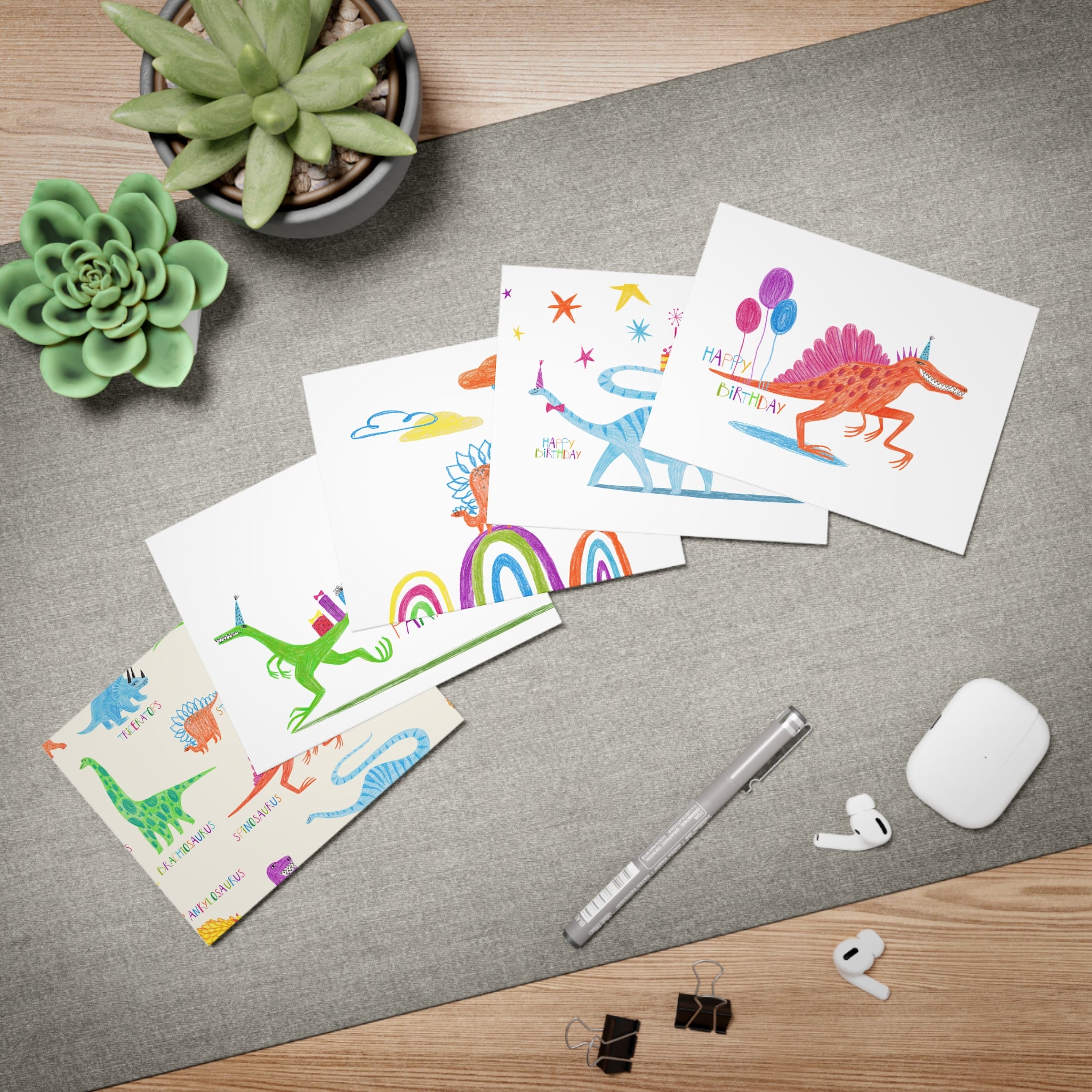 Dinosaur Birthday Greeting Cards Set — 5-Pack Colorful Dino Party Cards