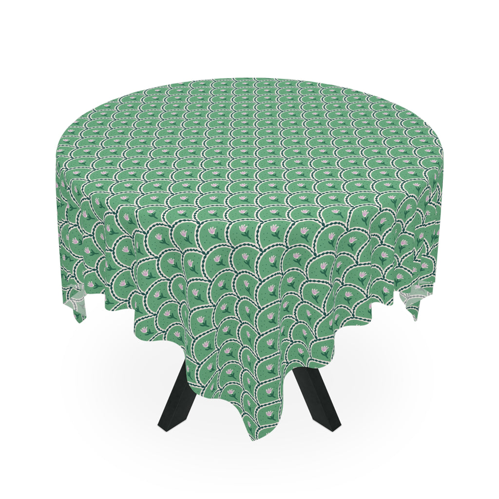 Green Scallop Pattern Tablecloth — Retro Art Deco Geometric Dining Linen