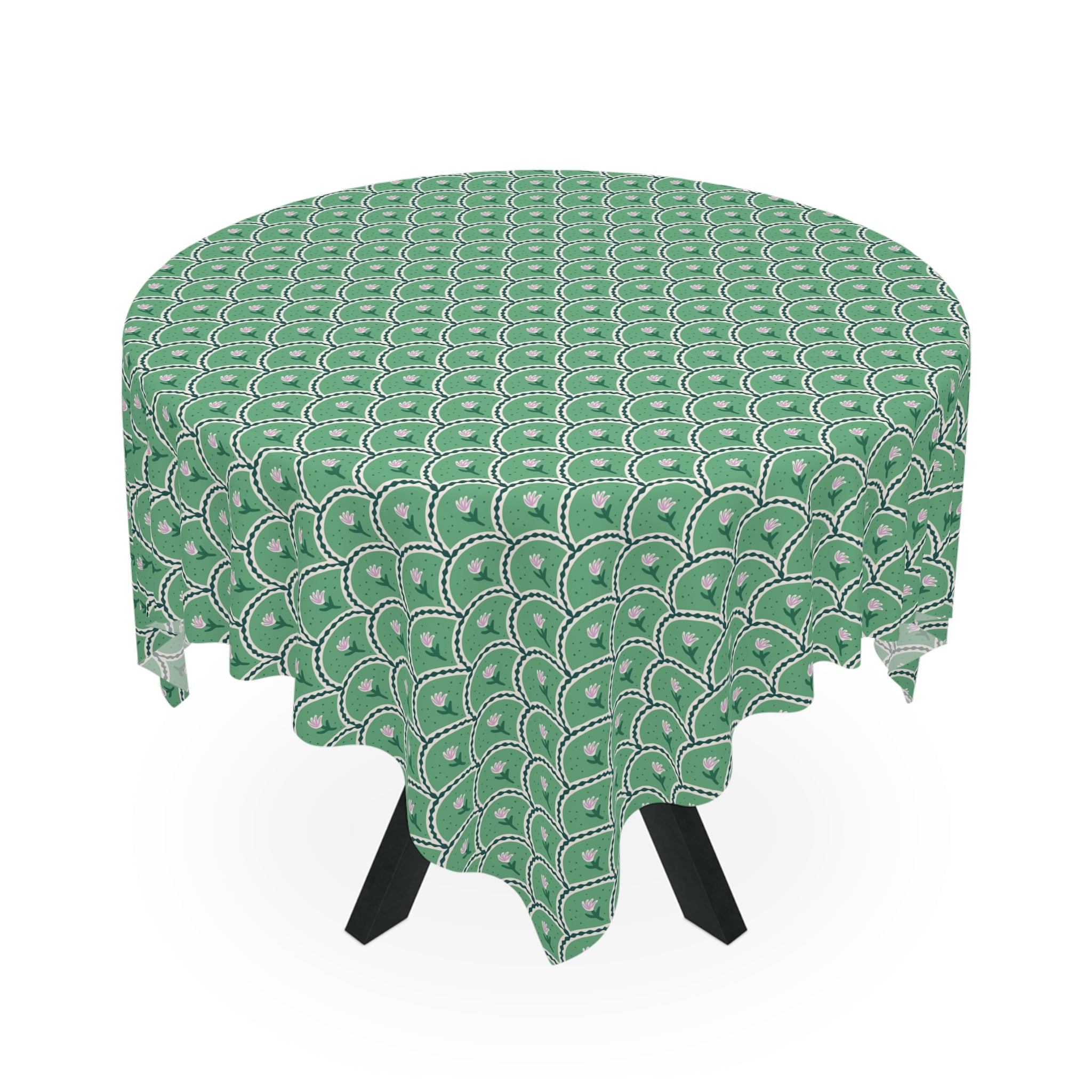 Green Scallop Pattern Tablecloth — Retro Art Deco Geometric Dining Linen