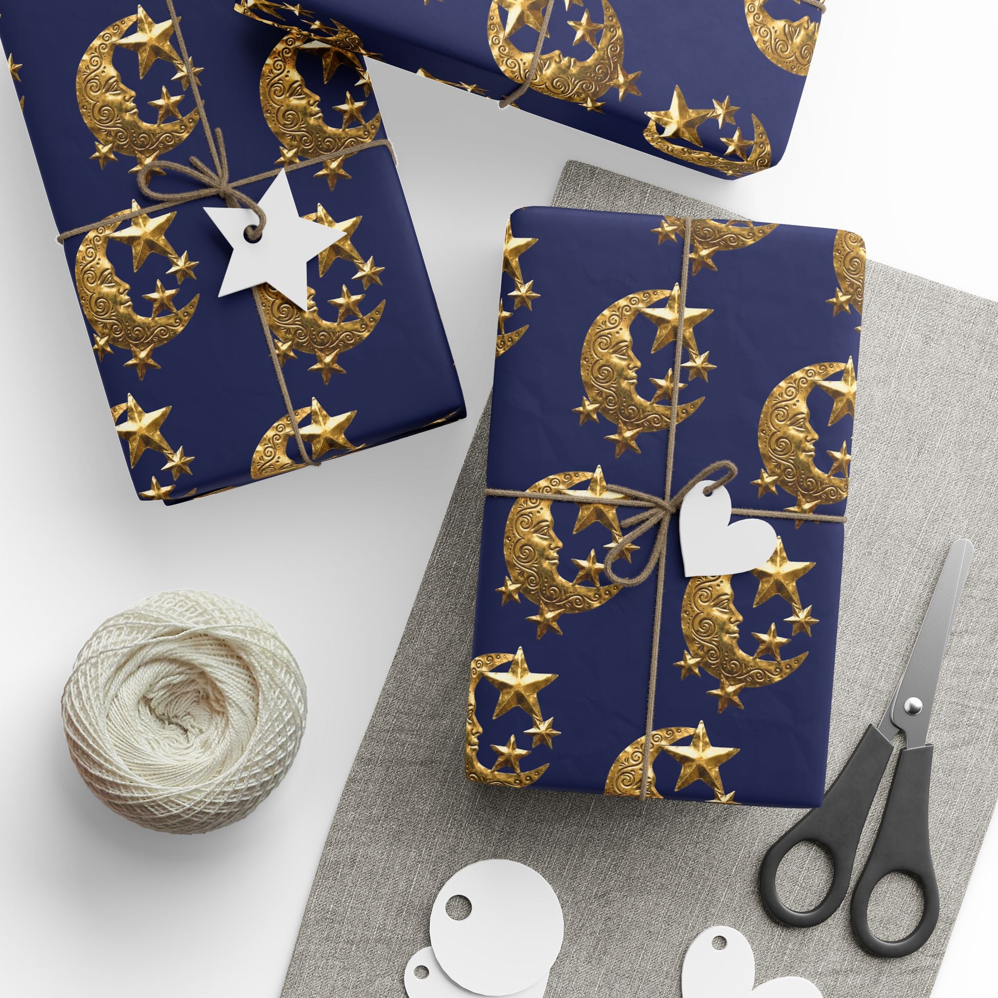Celestial Gold Moon Wrapping Paper Roll — Navy Gift Wrap with Ornate Stars
