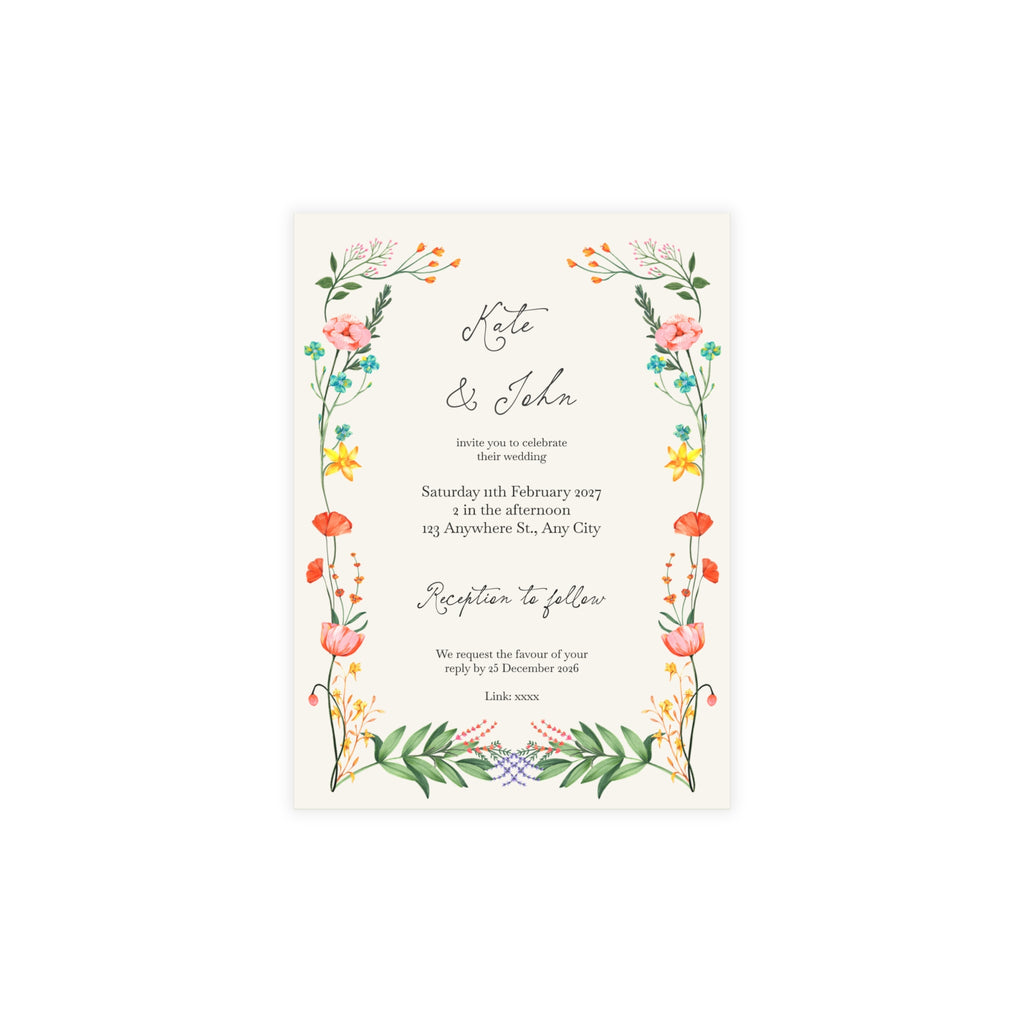 Colorful Botanical Wedding Invitation | Customizable Flat Card Pack (10, 30, 50 Count)