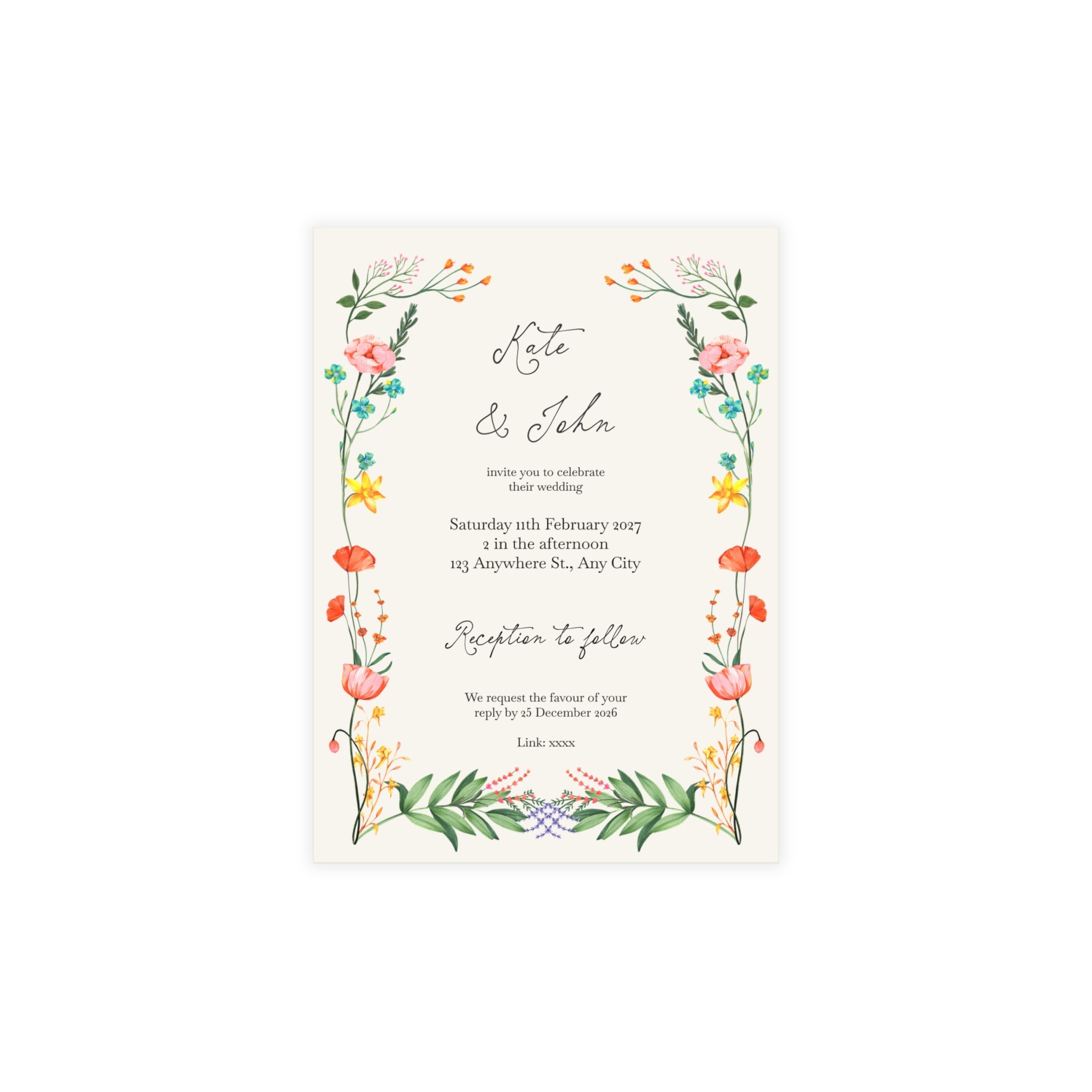 Colorful Botanical Wedding Invitation | Customizable Flat Card Pack (10, 30, 50 Count)