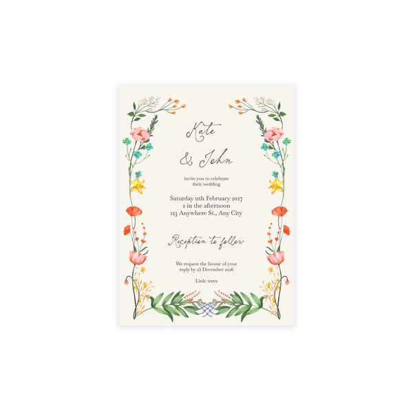 Colorful Botanical Wedding Invitation | Customizable Flat Card Pack (10, 30, 50 Count)