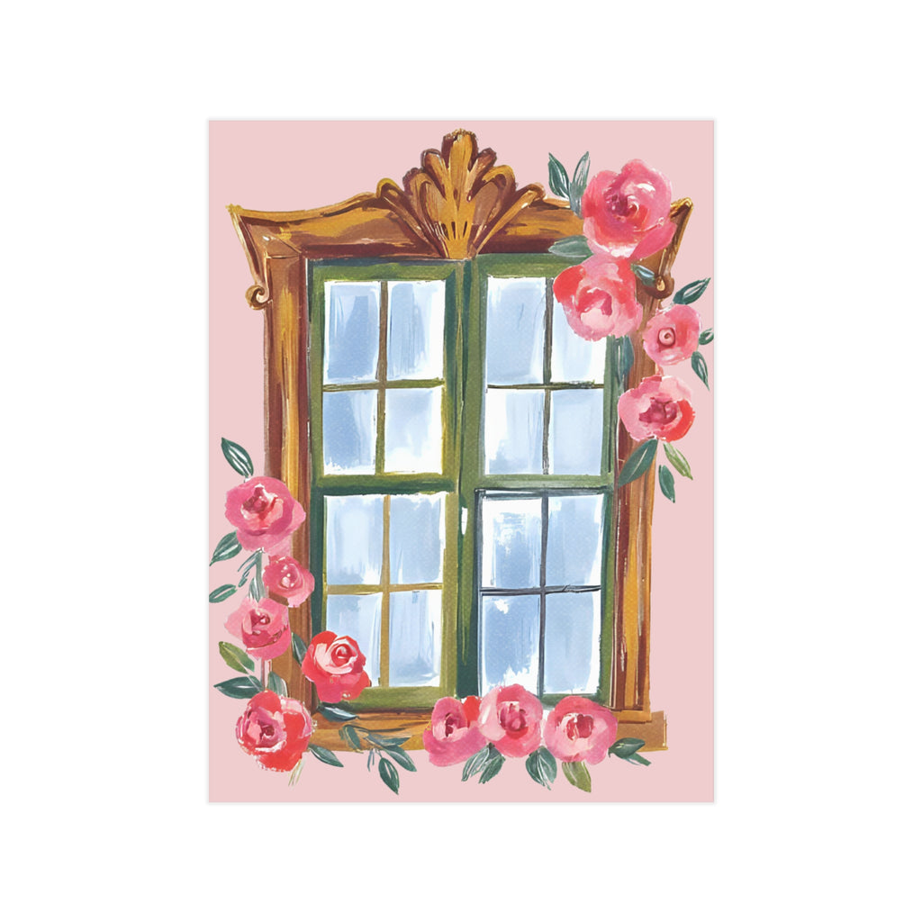 Floral Window Art Print — Pink Rose Illustration Unframed Print
