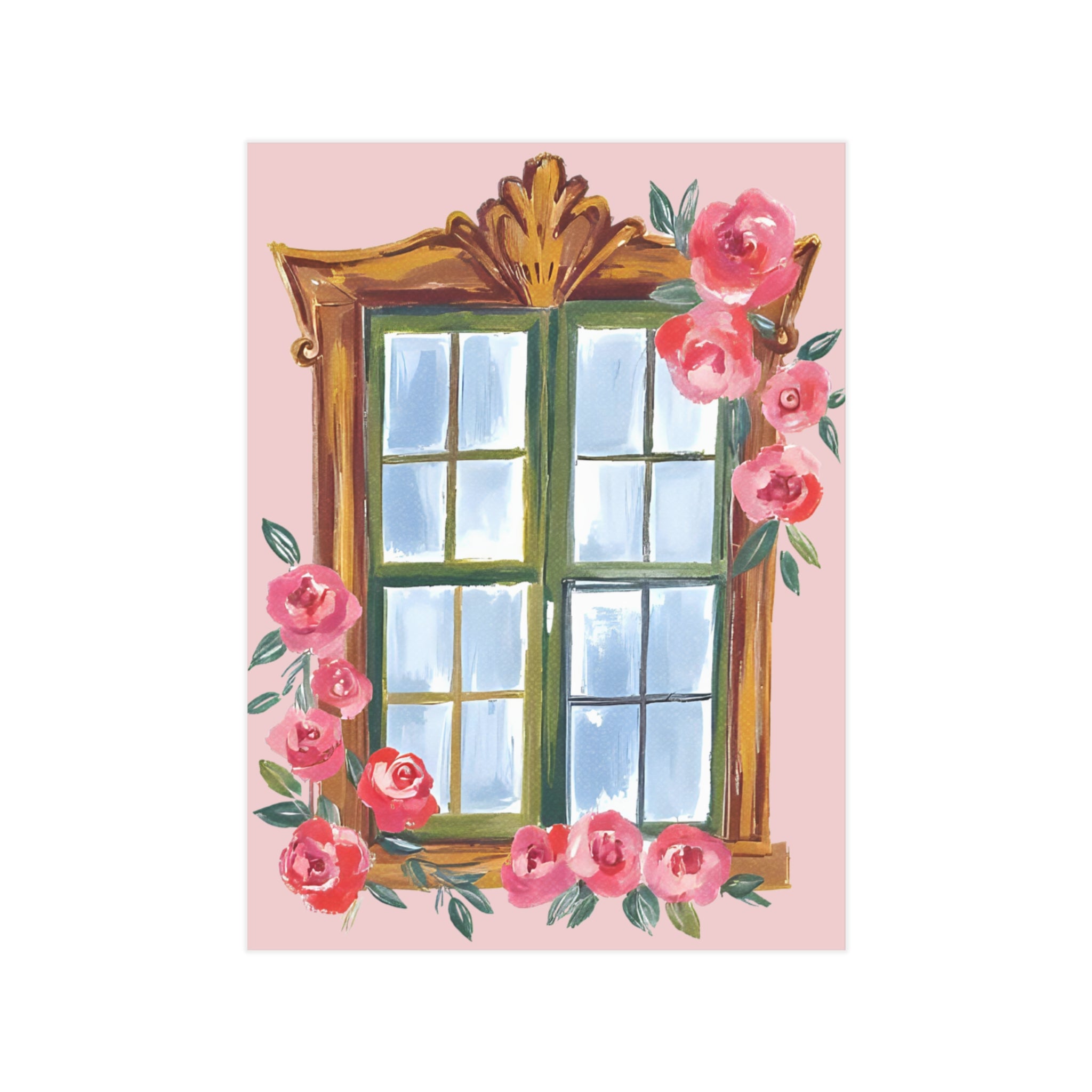 Floral Window Art Print — Pink Rose Illustration Unframed Print