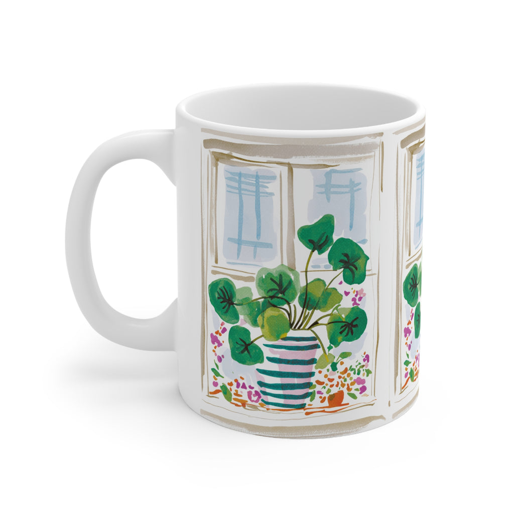 Botanical Window Coffee Mug — Potted Plant Illustration Ceramic Cup (11oz & 15oz)