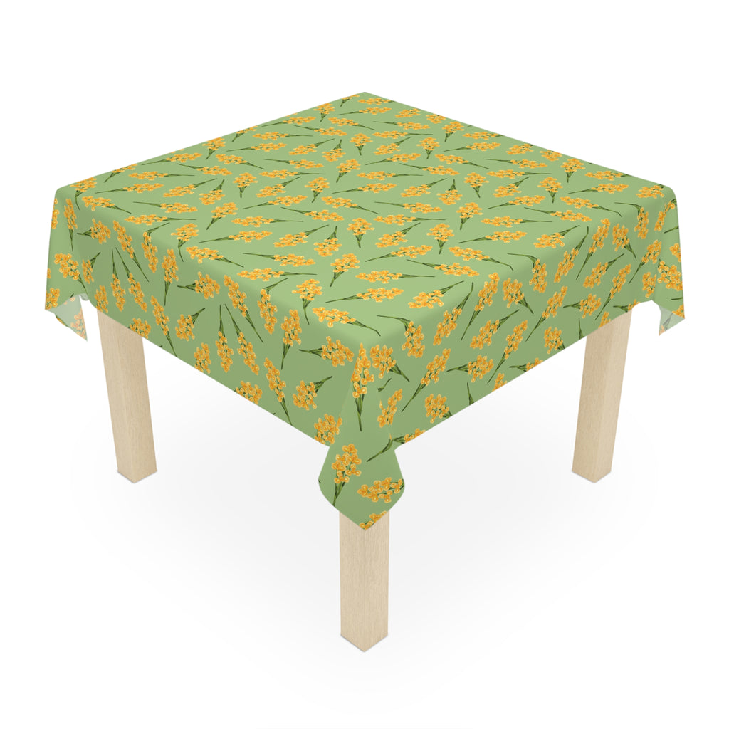 Floral Mimosa Tablecloth — Green & Yellow Spring Dining Table Cover
