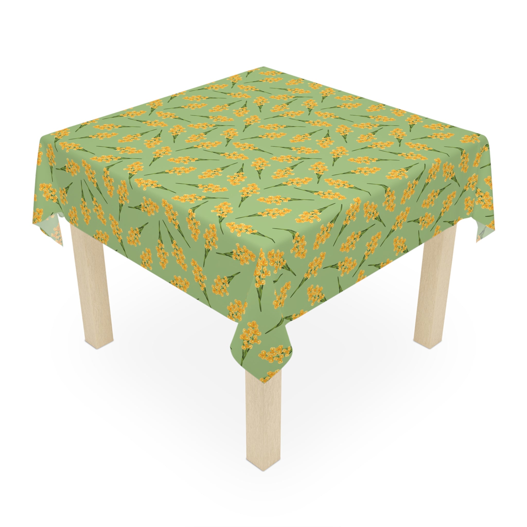 Floral Mimosa Tablecloth — Green & Yellow Spring Dining Table Cover