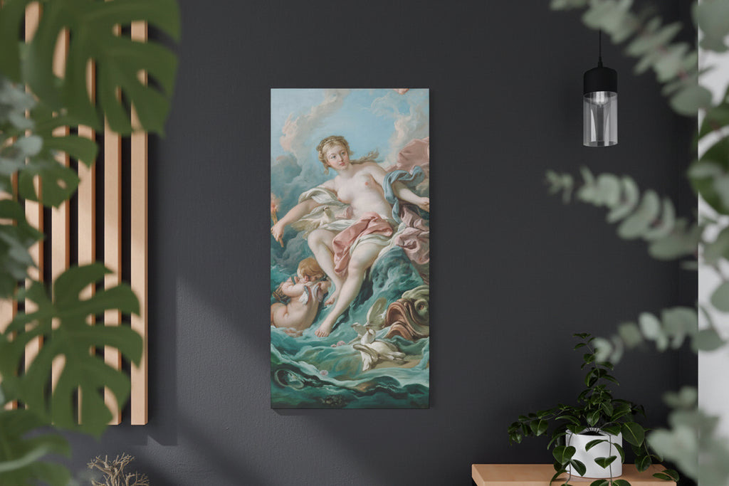 Framed classical painting of a woman in a fantasy scene on a dark wall.