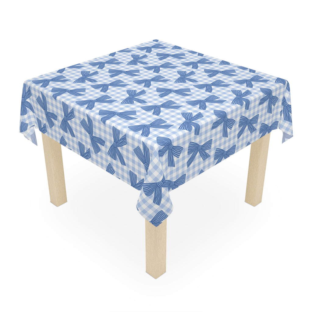 Blue Gingham Bow Tablecloth — Farmhouse Table Linen for Spring, Baby Shower & Everyday Dining