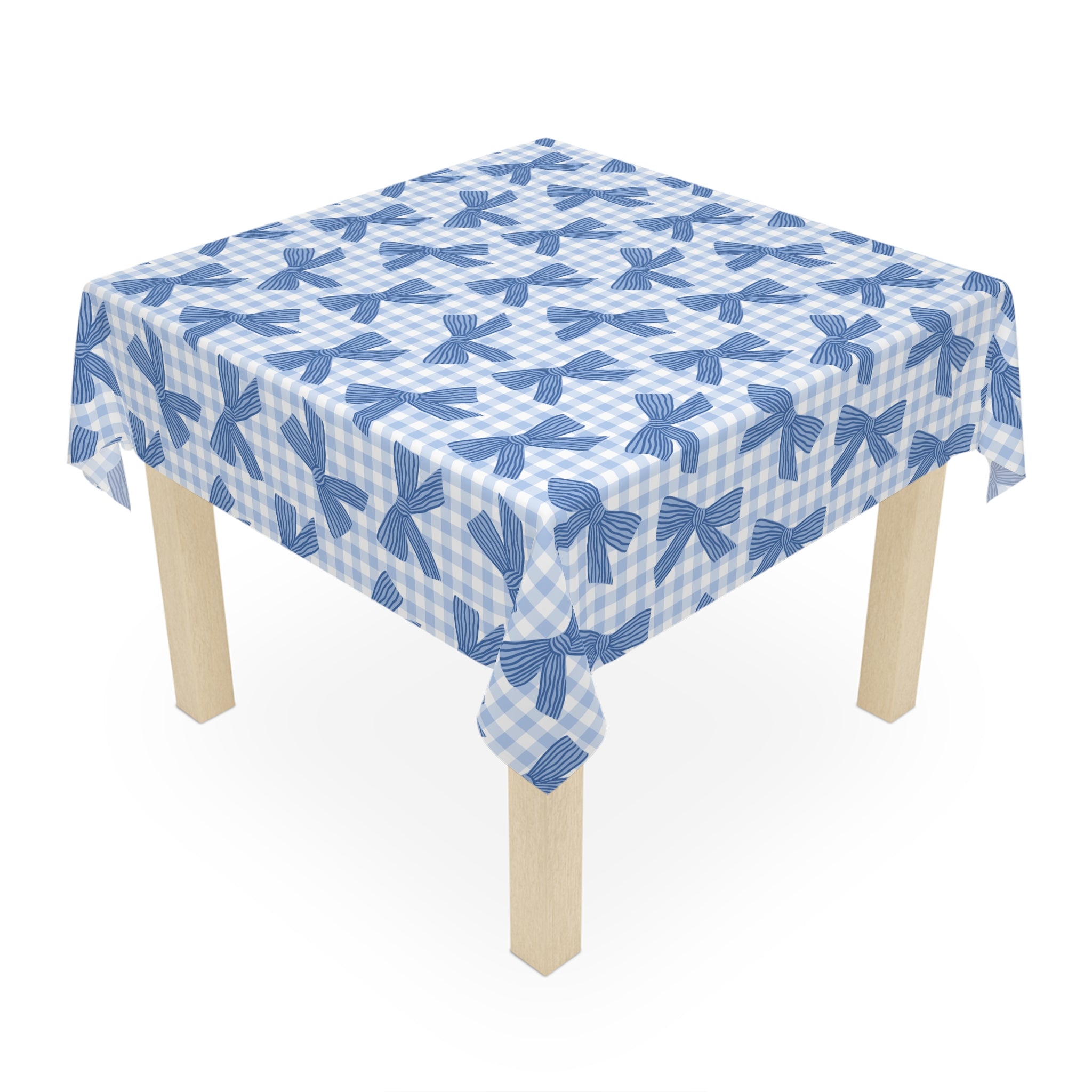 Blue Gingham Bow Tablecloth — Farmhouse Table Linen for Spring, Baby Shower & Everyday Dining