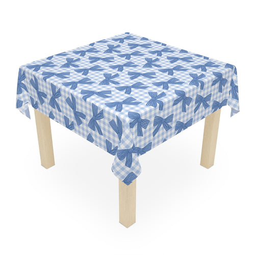 Blue Gingham Bow Tablecloth — Farmhouse Table Linen for Spring, Baby Shower & Everyday Dining