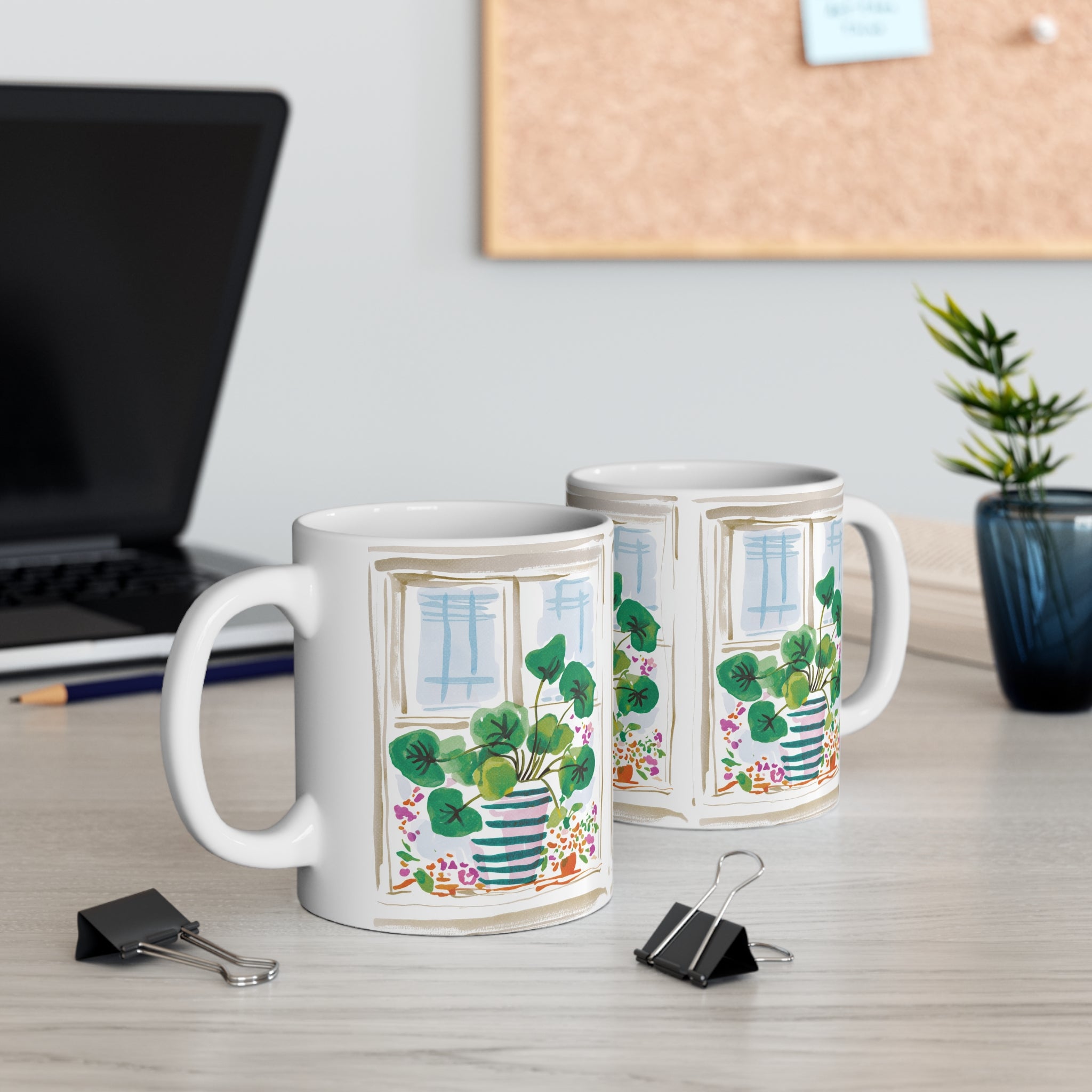 Botanical Window Coffee Mug — Potted Plant Illustration Ceramic Cup (11oz & 15oz)