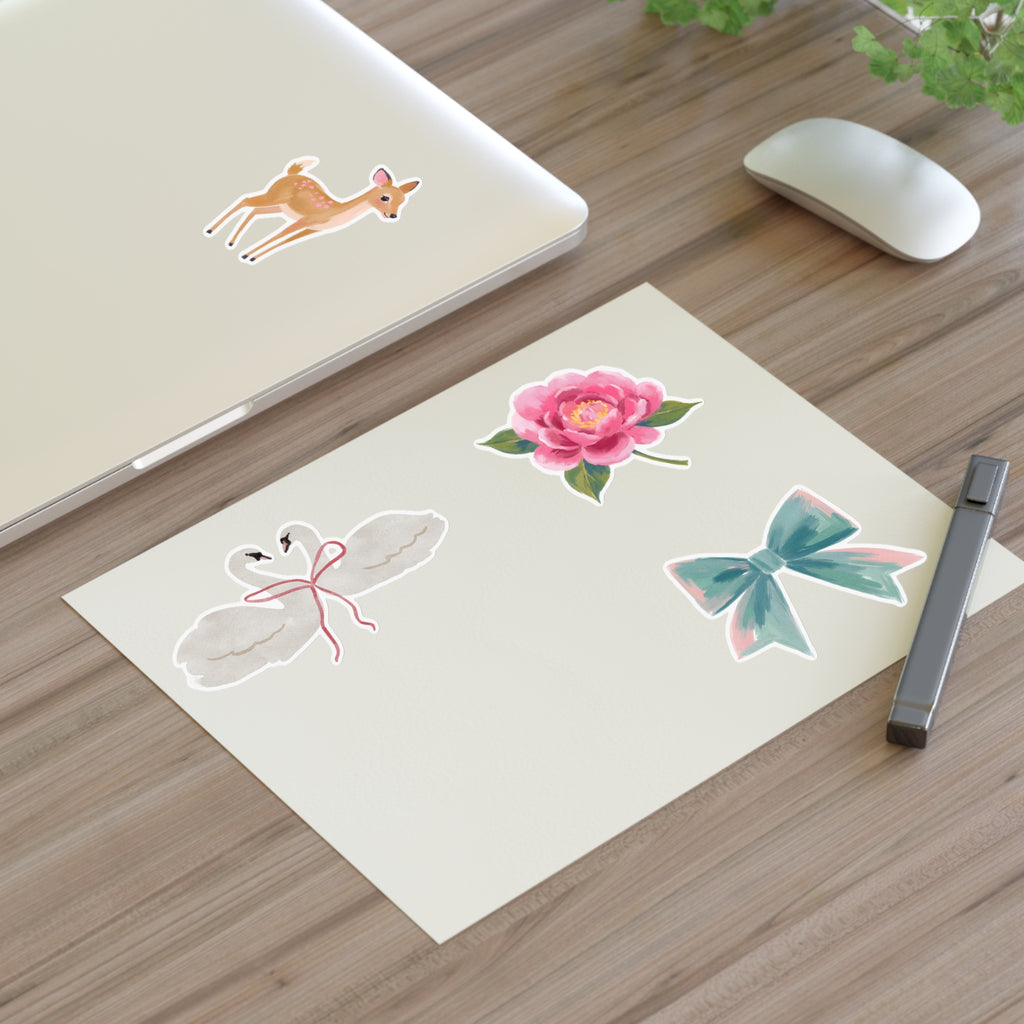 Sticker Sheets — Watercolor Deer, Peony, Swan Hearts & Pastel Bow Set