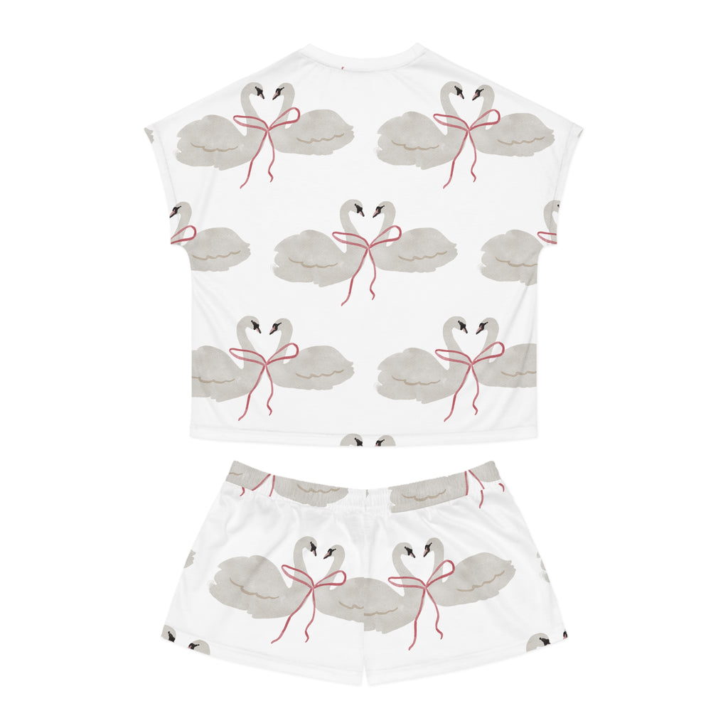 Women's Pajama Set, Swan Ribbon Sleepwear, Cute White Swan Short Set