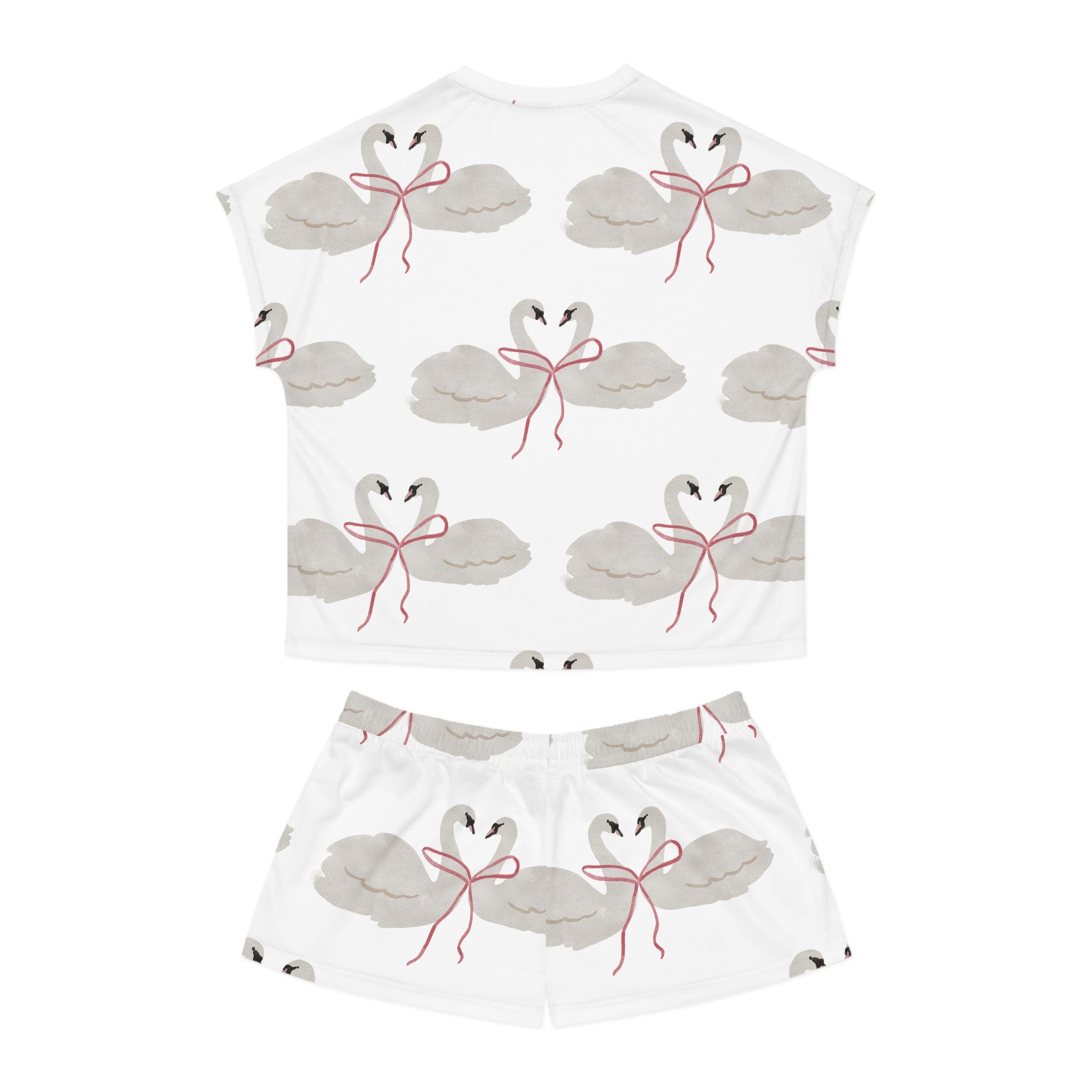 Women's Pajama Set, Swan Ribbon Sleepwear, Cute White Swan Short Set